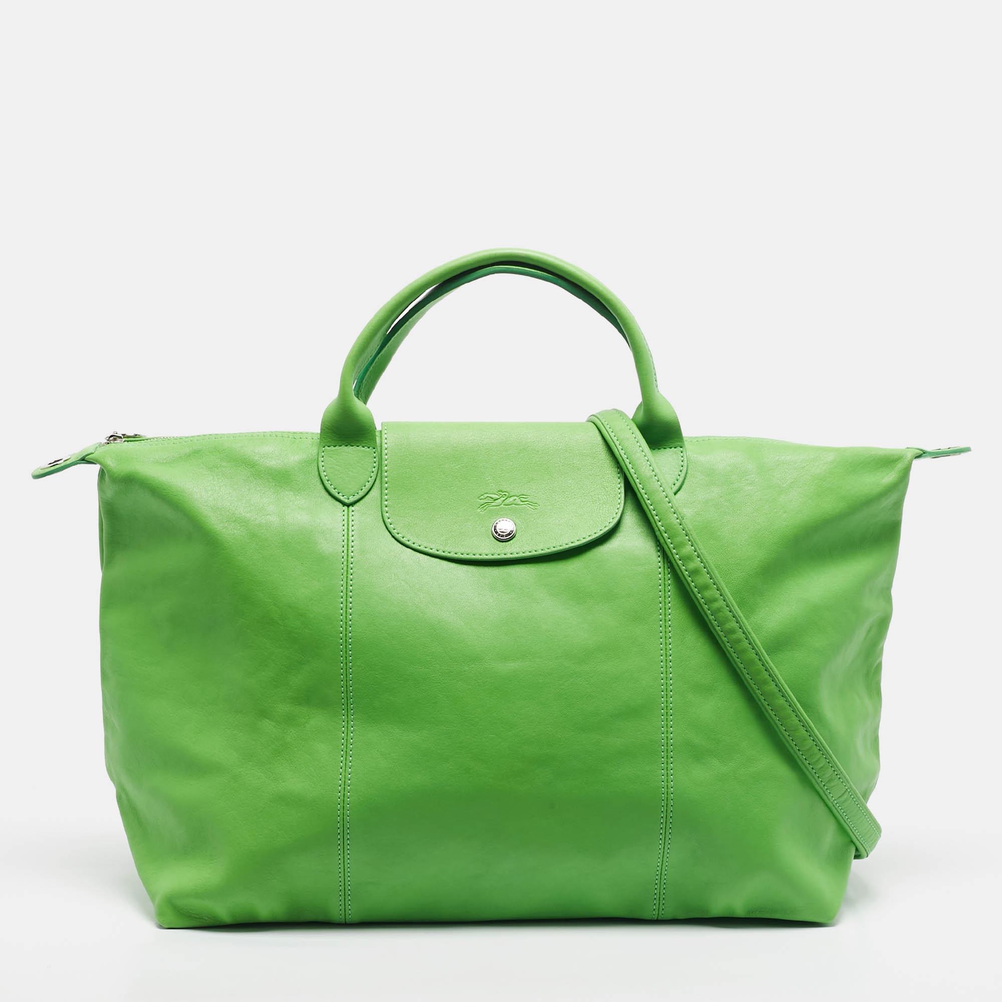Pre Owned Longchamp Light Green Leather Large Le Pliage Tote