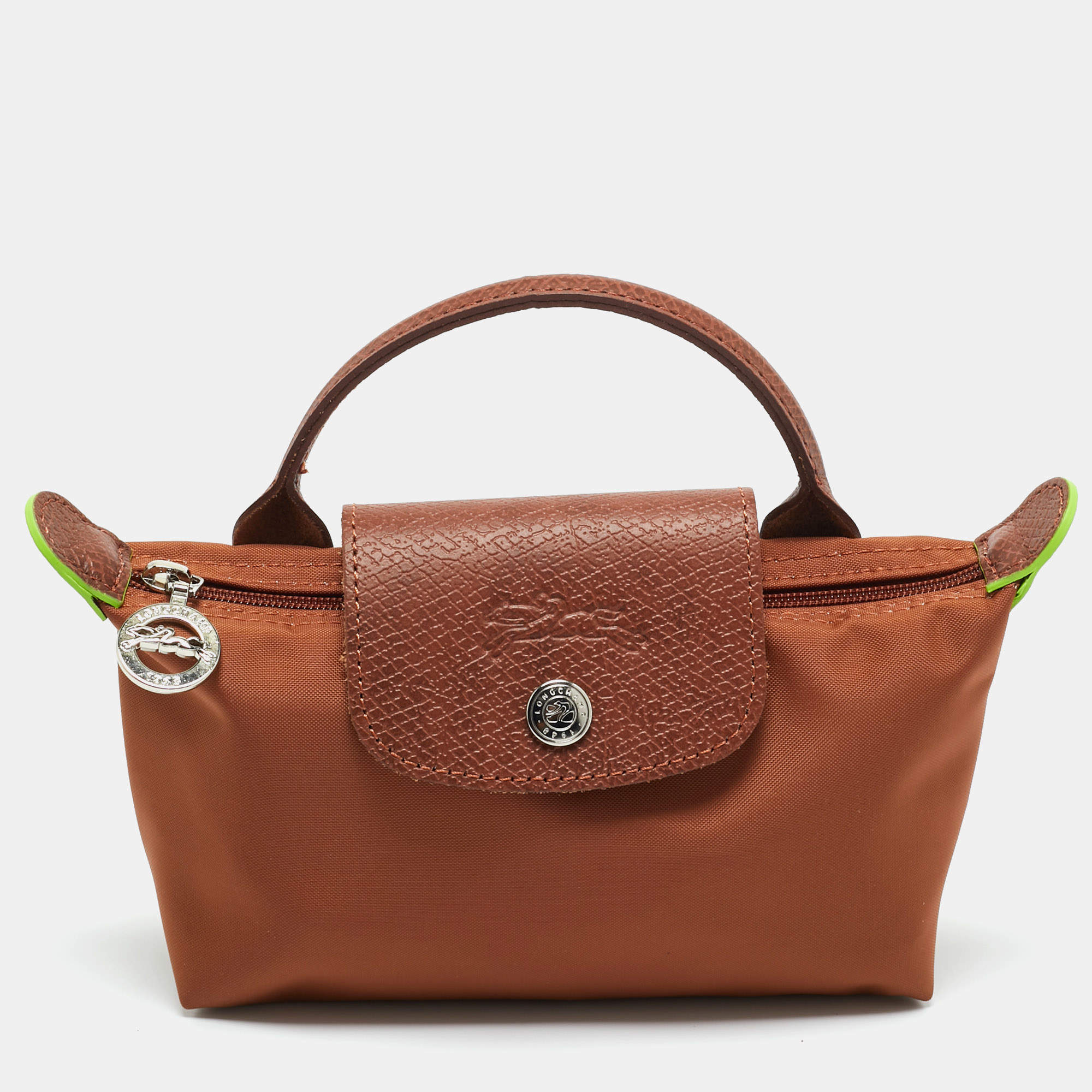 Pre Owned Longchamp Brown Leather and Nylon Le Pliage Pouch