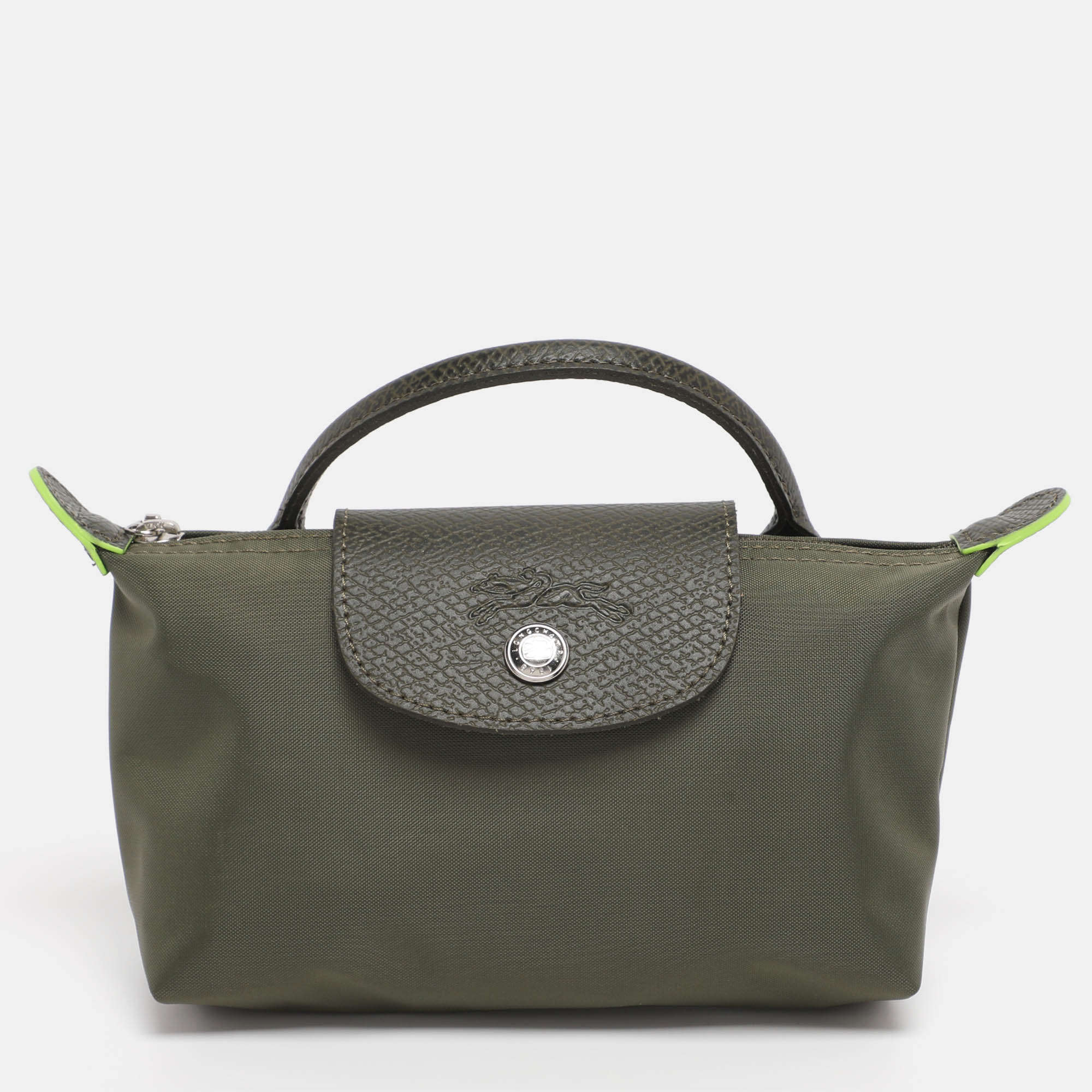 Pre Owned Longchamp Olive Green Leather and Nylon Le Pliage Pouch