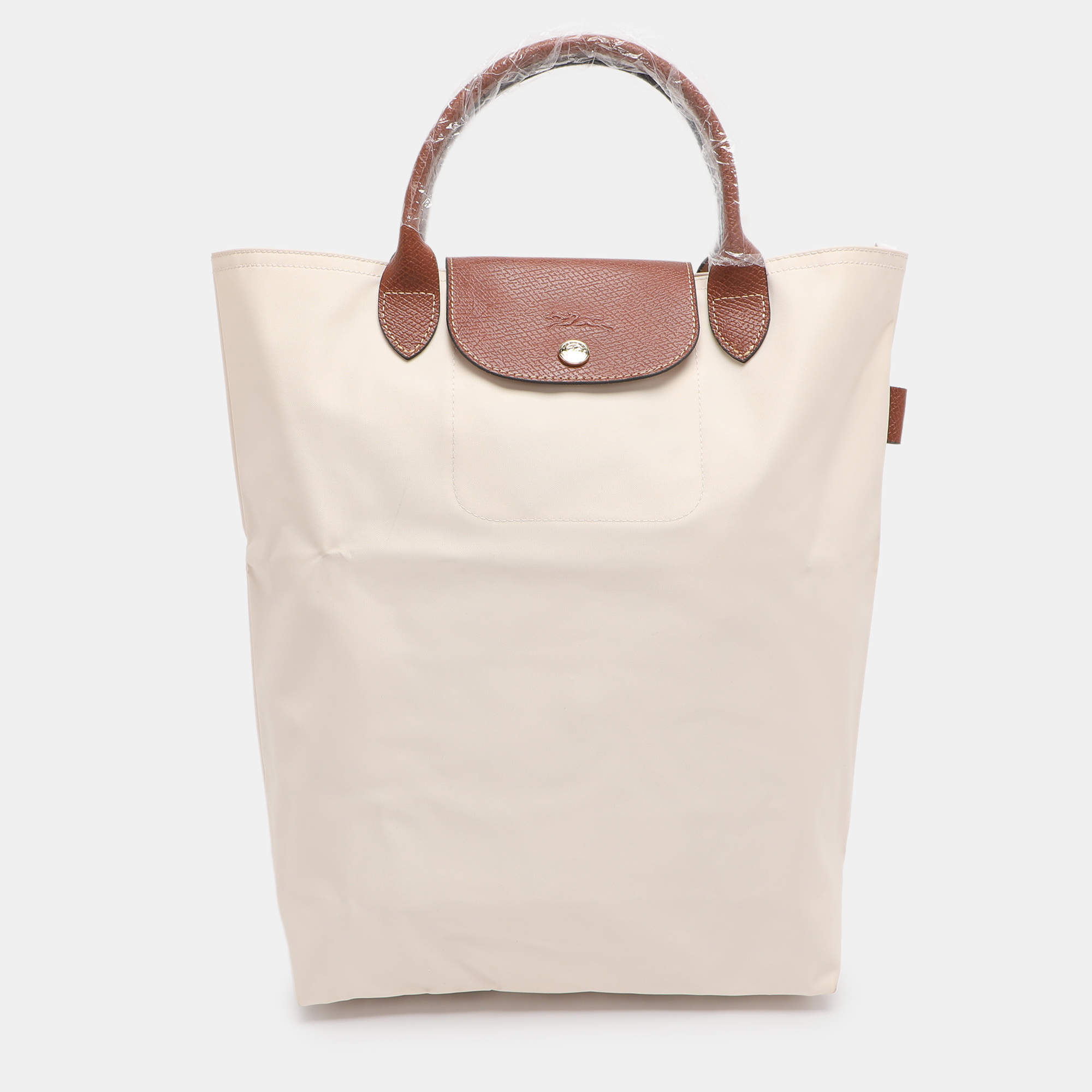 Pre Owned Longchamp Light Beige/Brown Nylon and Leather Le Pliage M Tote