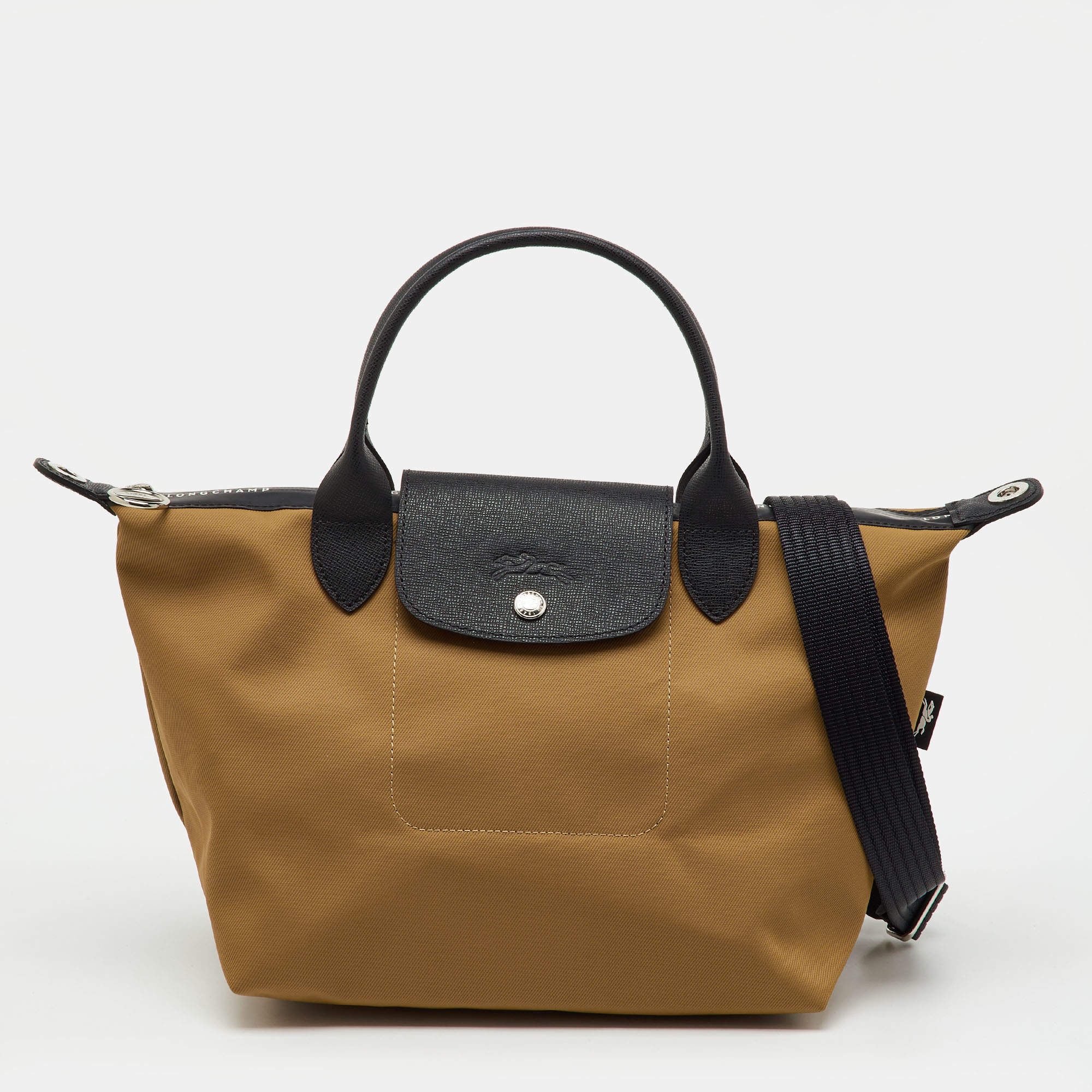Pre Owned Longchamp Khaki Brown/Black Fabric and Leather Le Pliage Energy S Bag