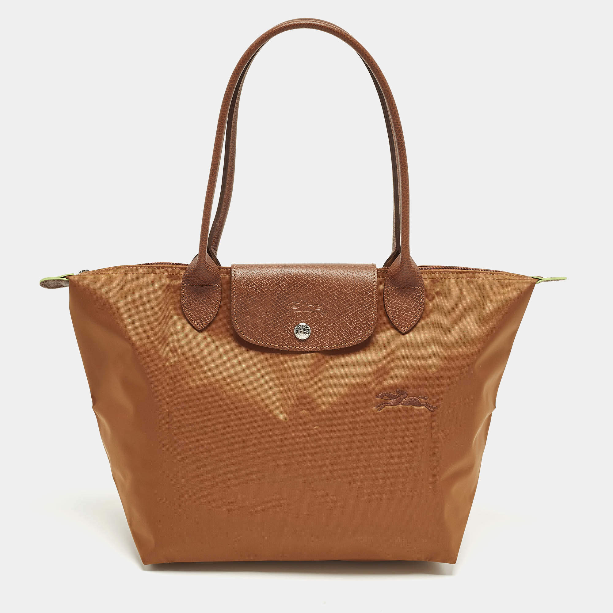 Pre Owned Longchamp Le Pliage Long Handle M Brown Leather and Nylon Tote