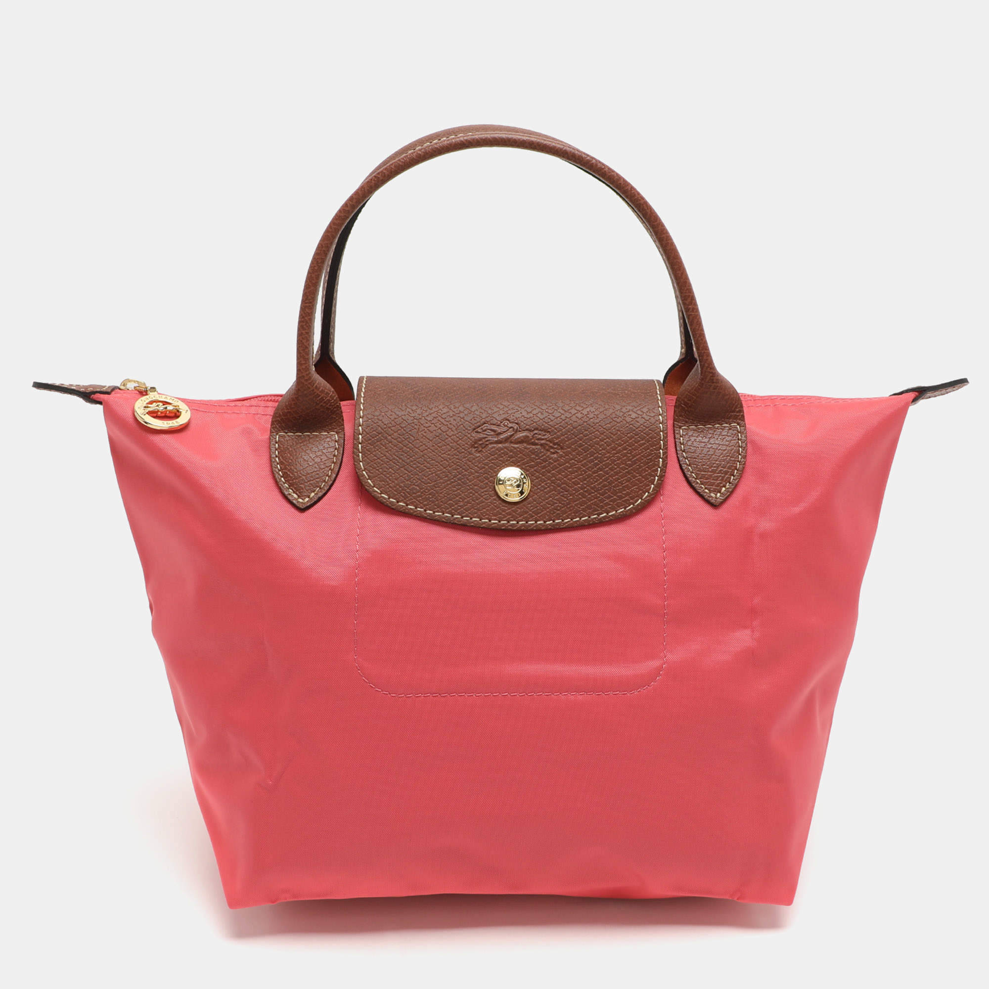 Pre Owned Longchamp Short Le Pliage Small Pink Nylon and Leather Tote