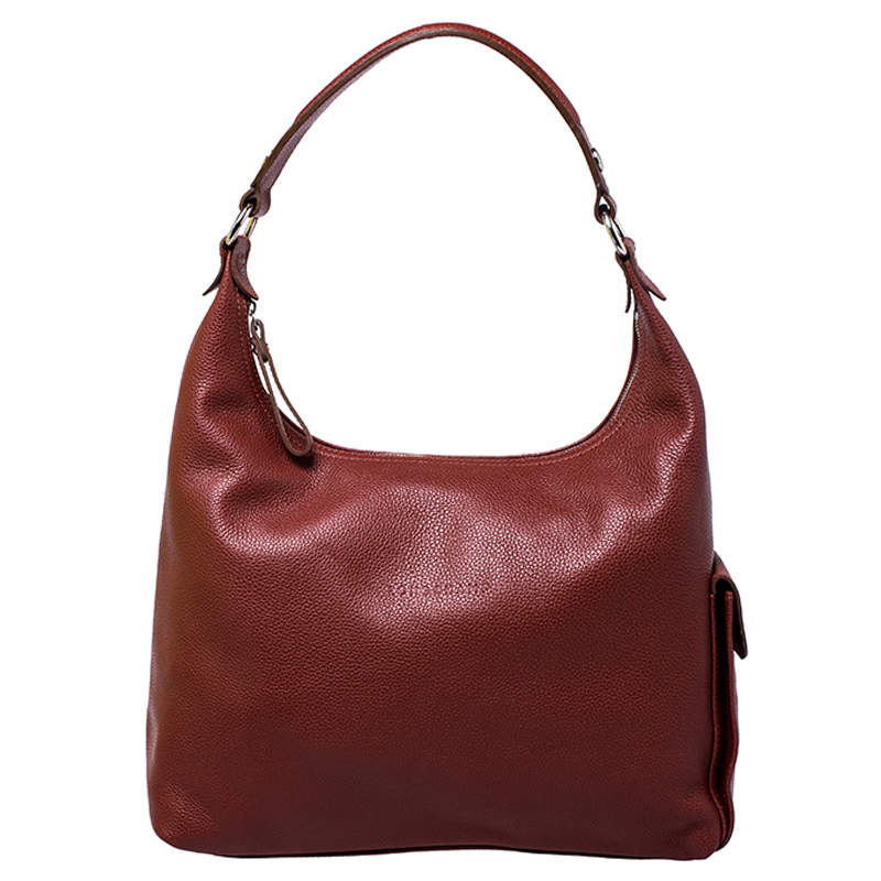 Longchamp Womens Brown Blue Nylon Expandable Leather Hobo Bag