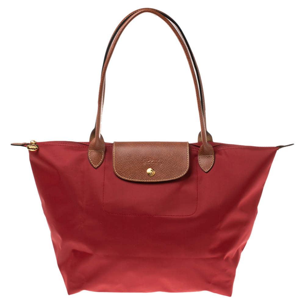 Pre Owned Longchamp Red Nylon and Leather Le Pliage Tote