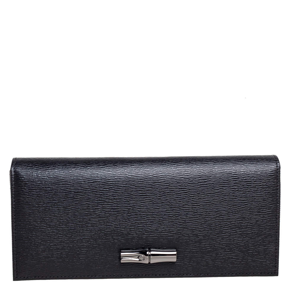 مملوكة مسبقًا Longchamp Black Textured Leather Flap Continental Wallet 
