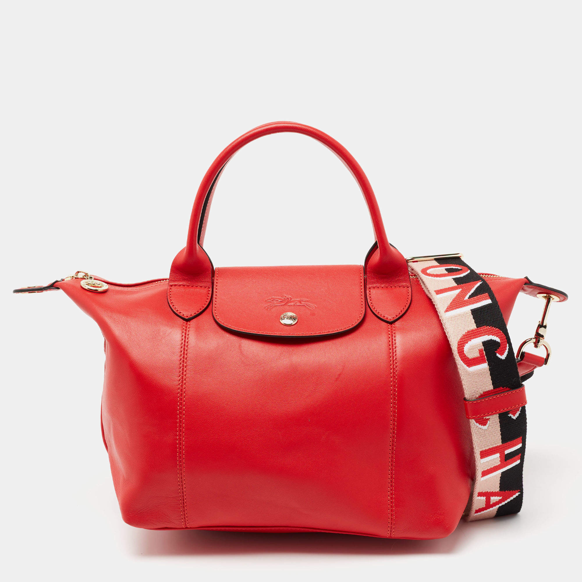 Pre Owned Longchamp Red Leather Le Pliage Tote