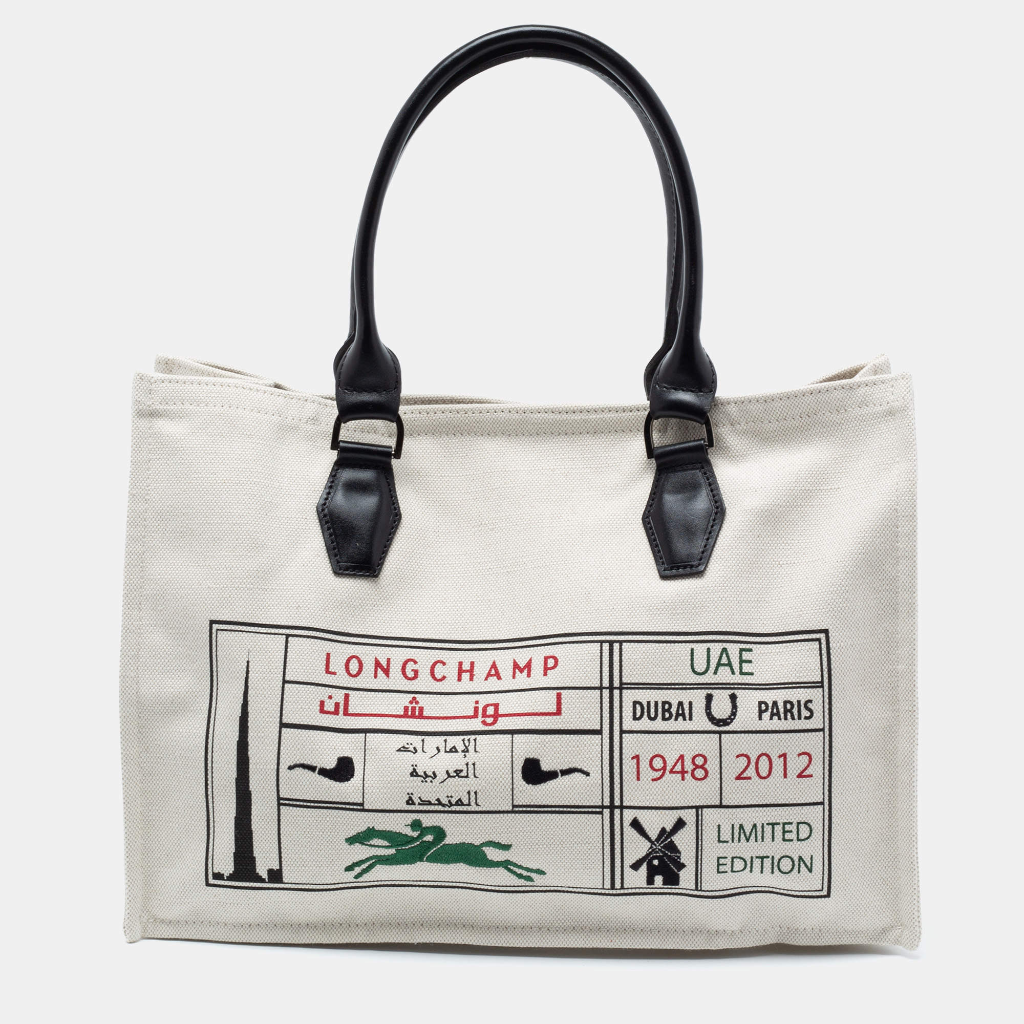 Longchamp White Leather And Canvas Tote