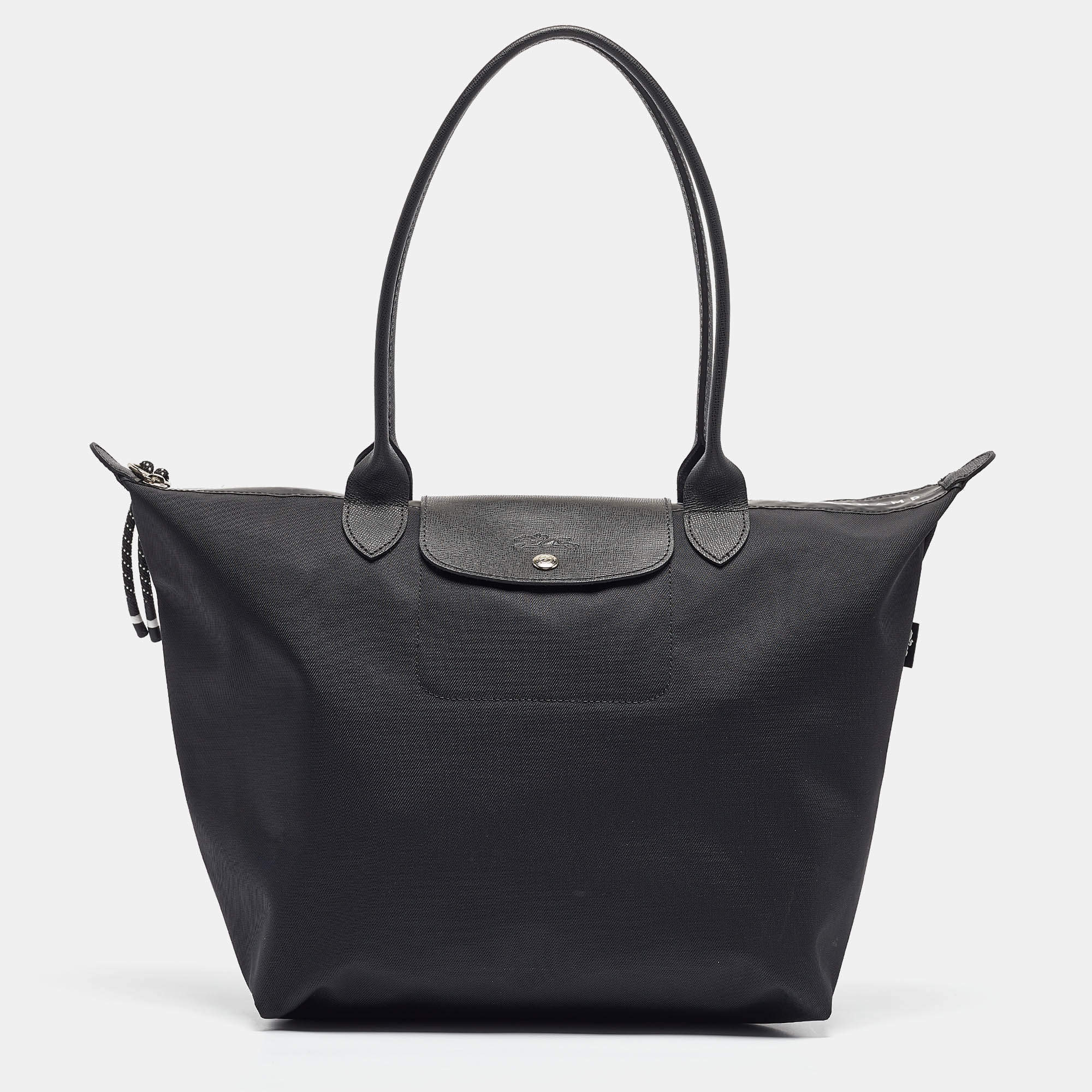 Longchamp Black Leather and Nylon Le Pliage Tote