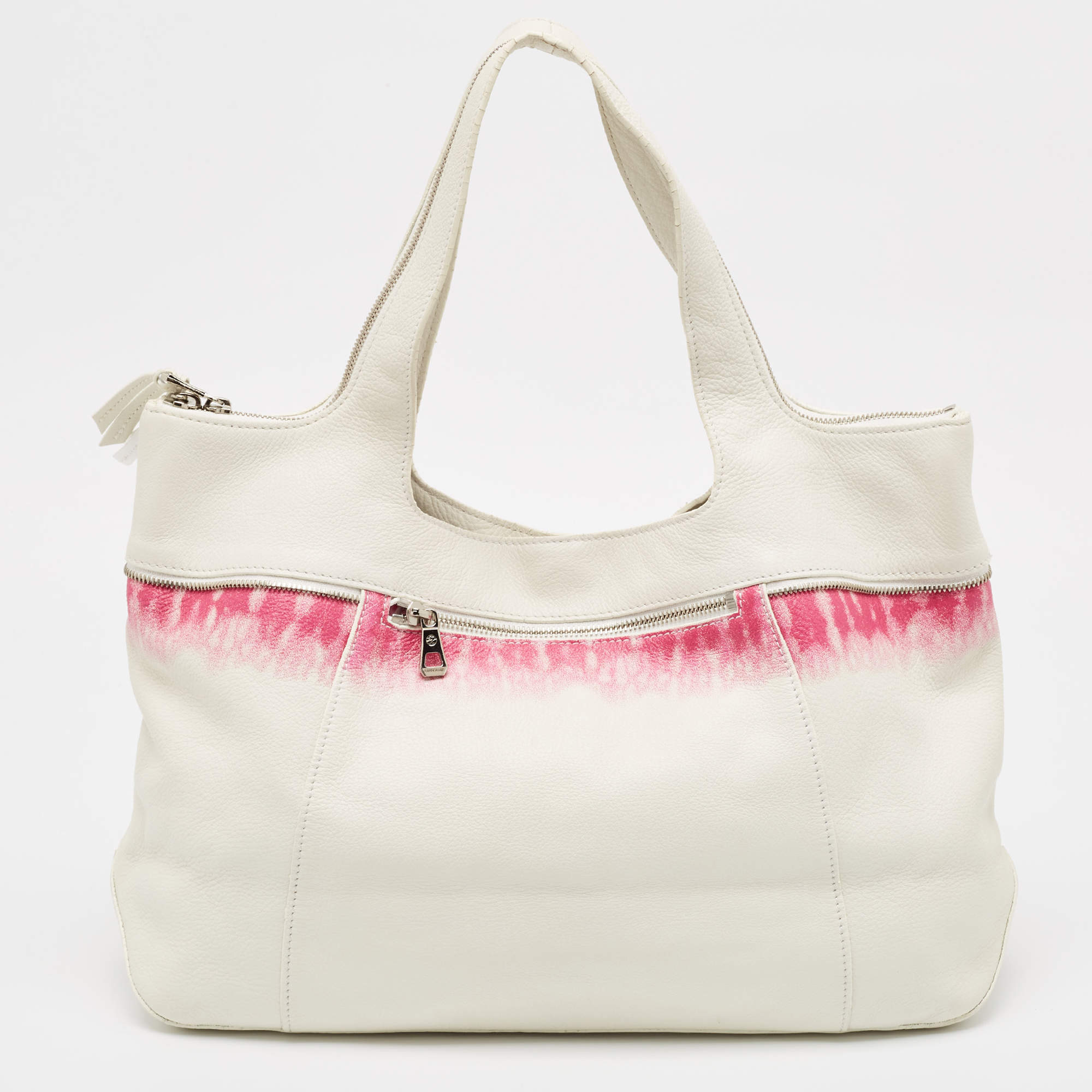 Longchamp White/Fuchsia Leather Zip Details Tote