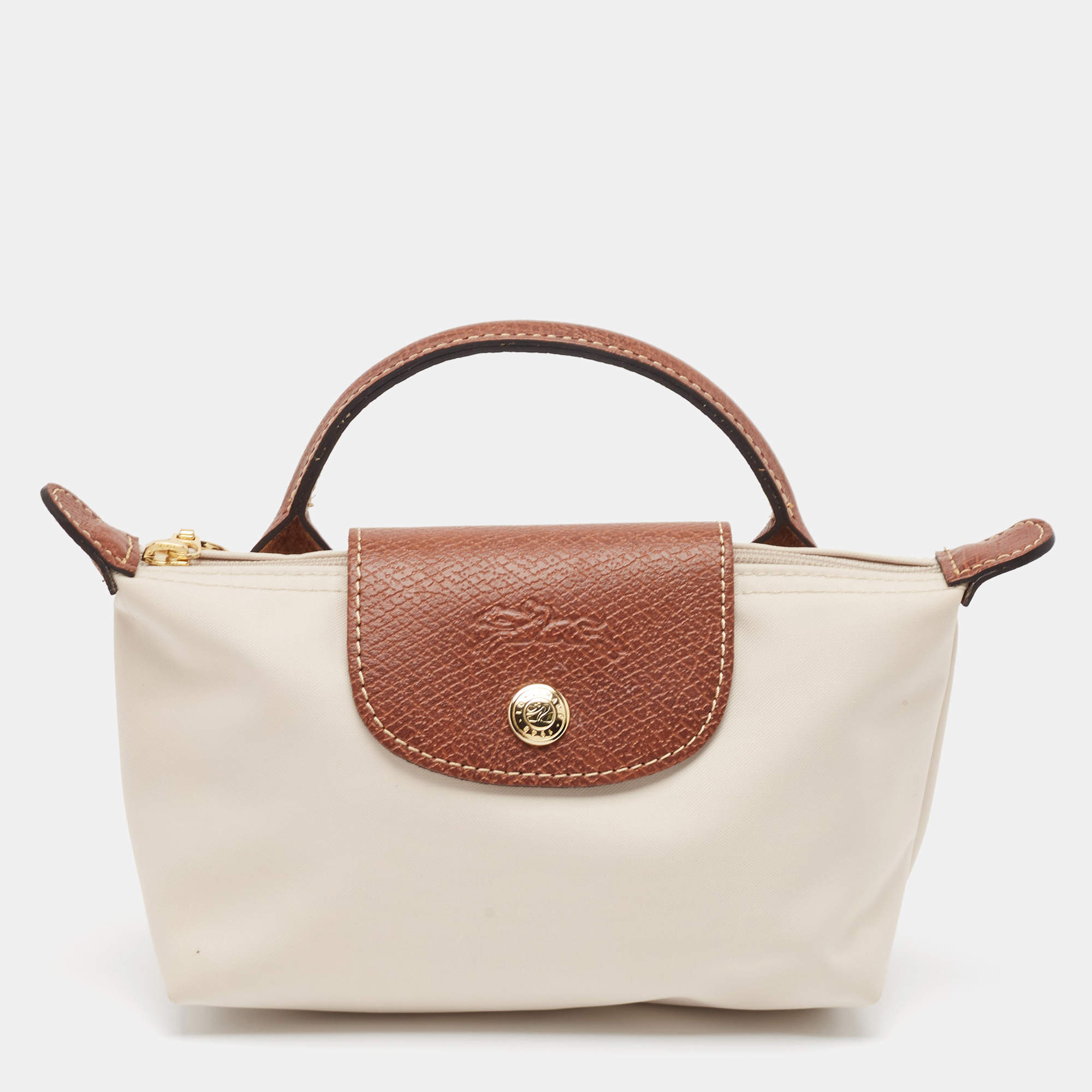 Pre Owned Longchamp Off White Nylon Le Pliage Handle Pouch