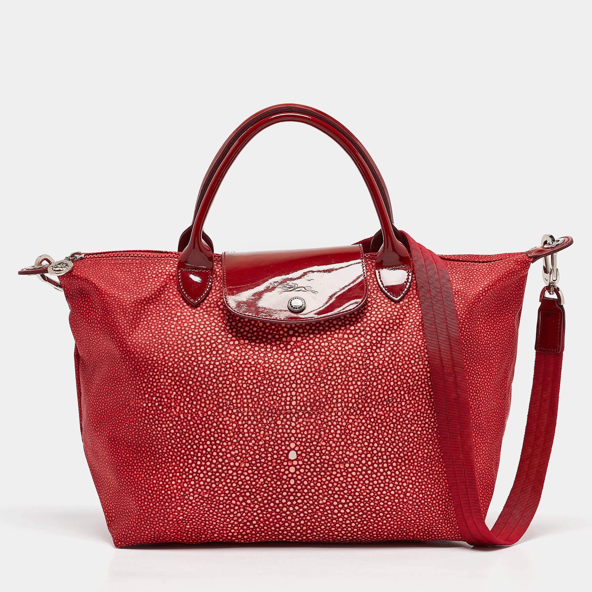 Longchamp Red Stingray Print Nylon and Patent Leather Le Pliage Neo Tote