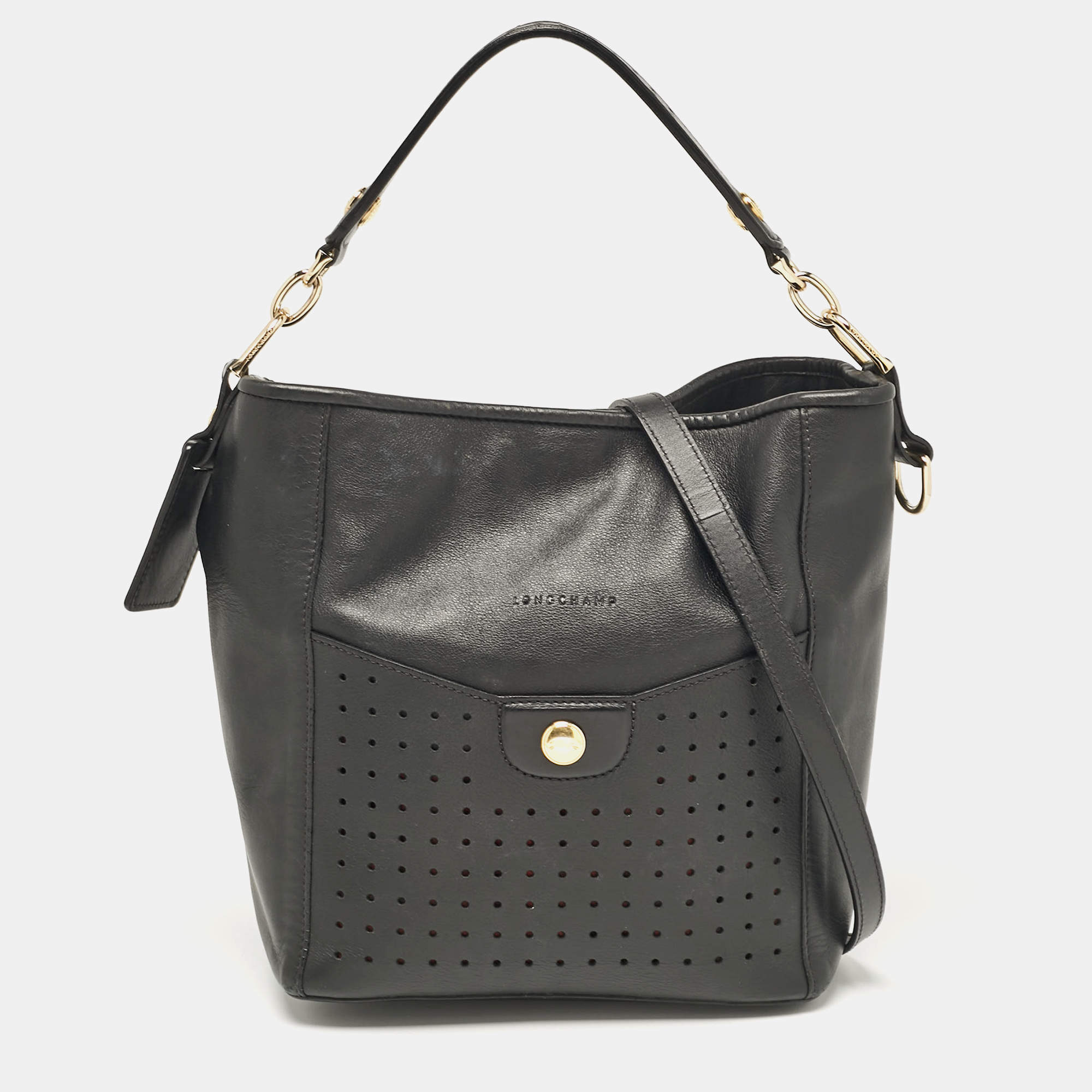 Longchamp Black Leather Perforated Mademoiselle Bucket Bag