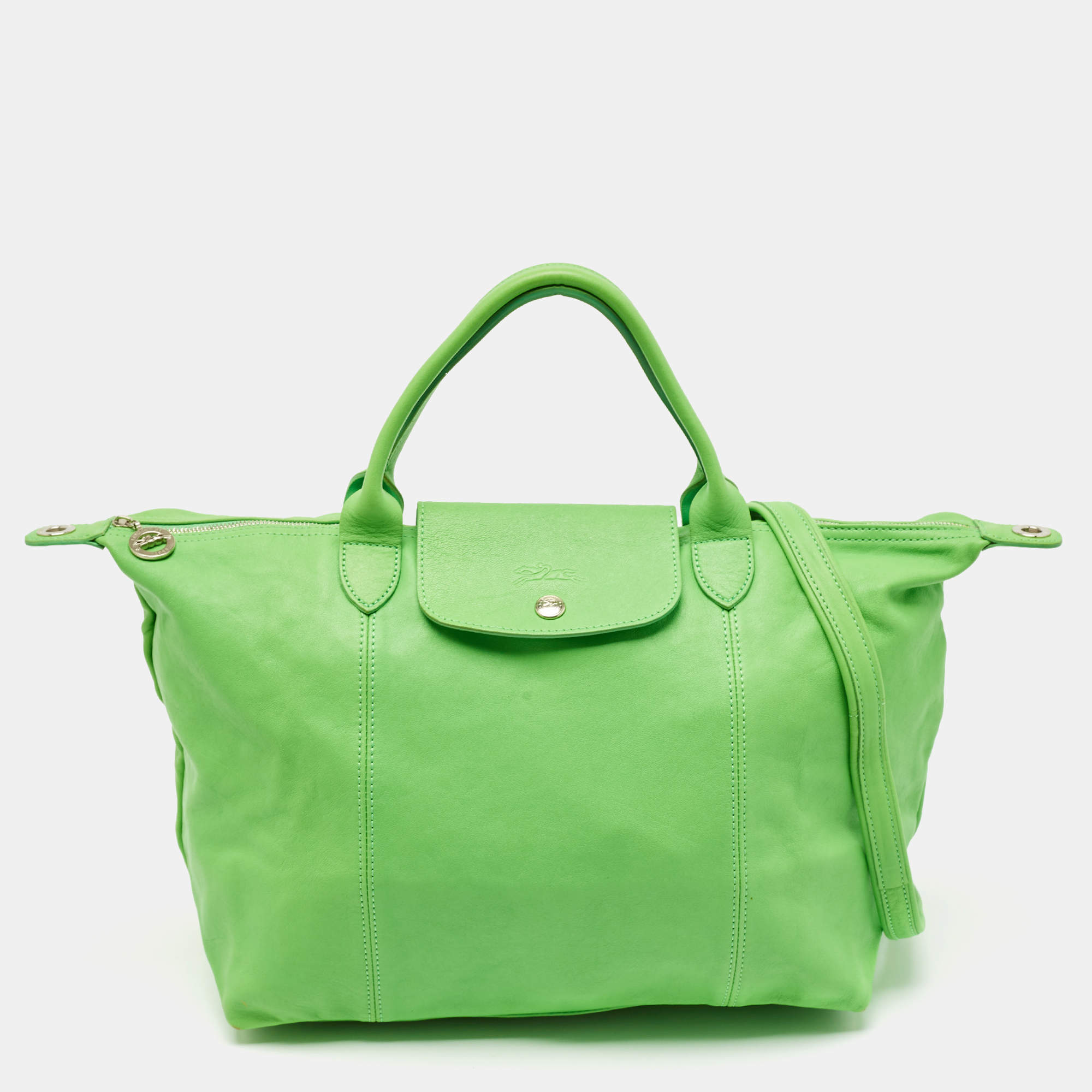 Longchamp green Le Pliage Limited sold Edition Color with patent handles and flap