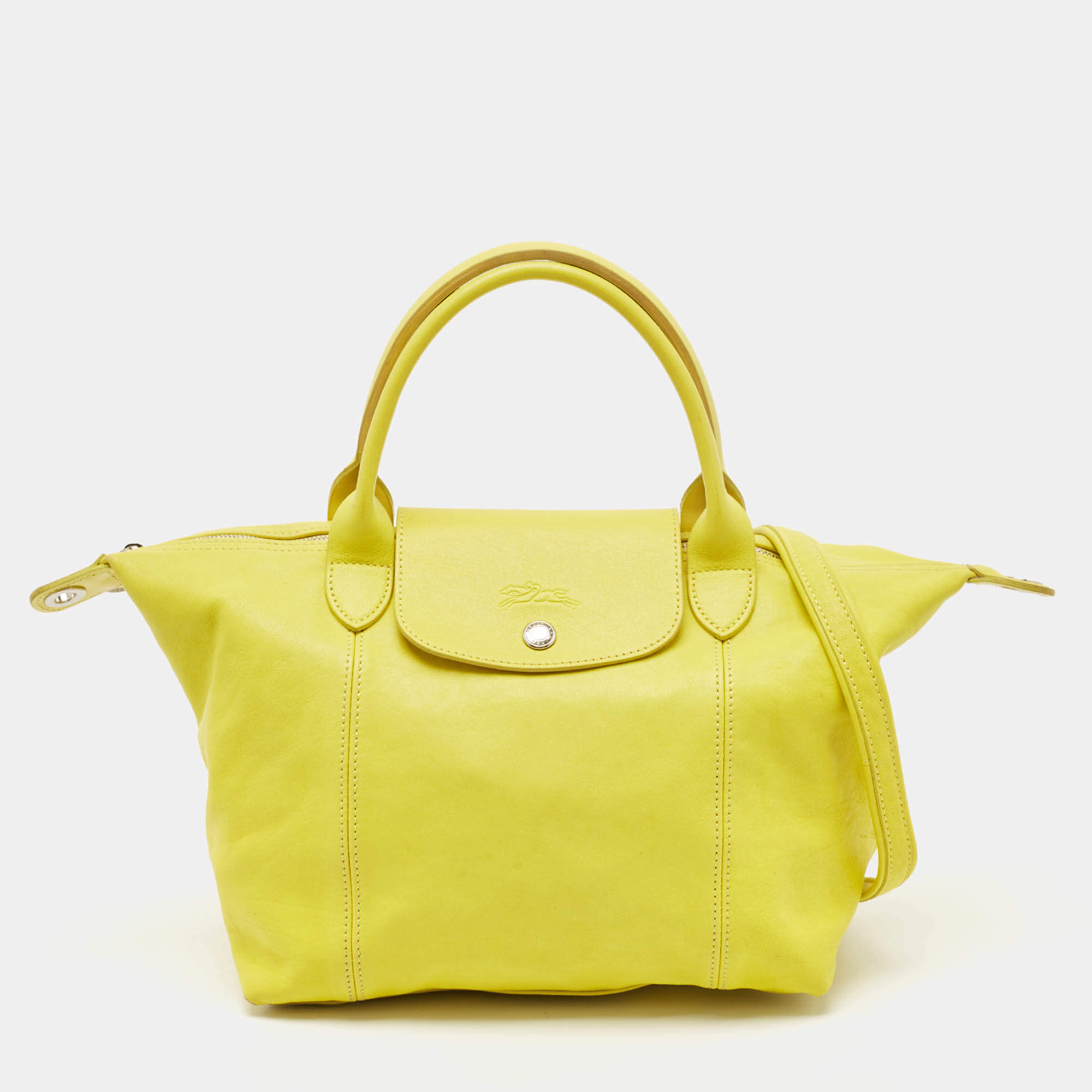 Pre Owned Longchamp Yellow Leather Small Le Pliage Tote