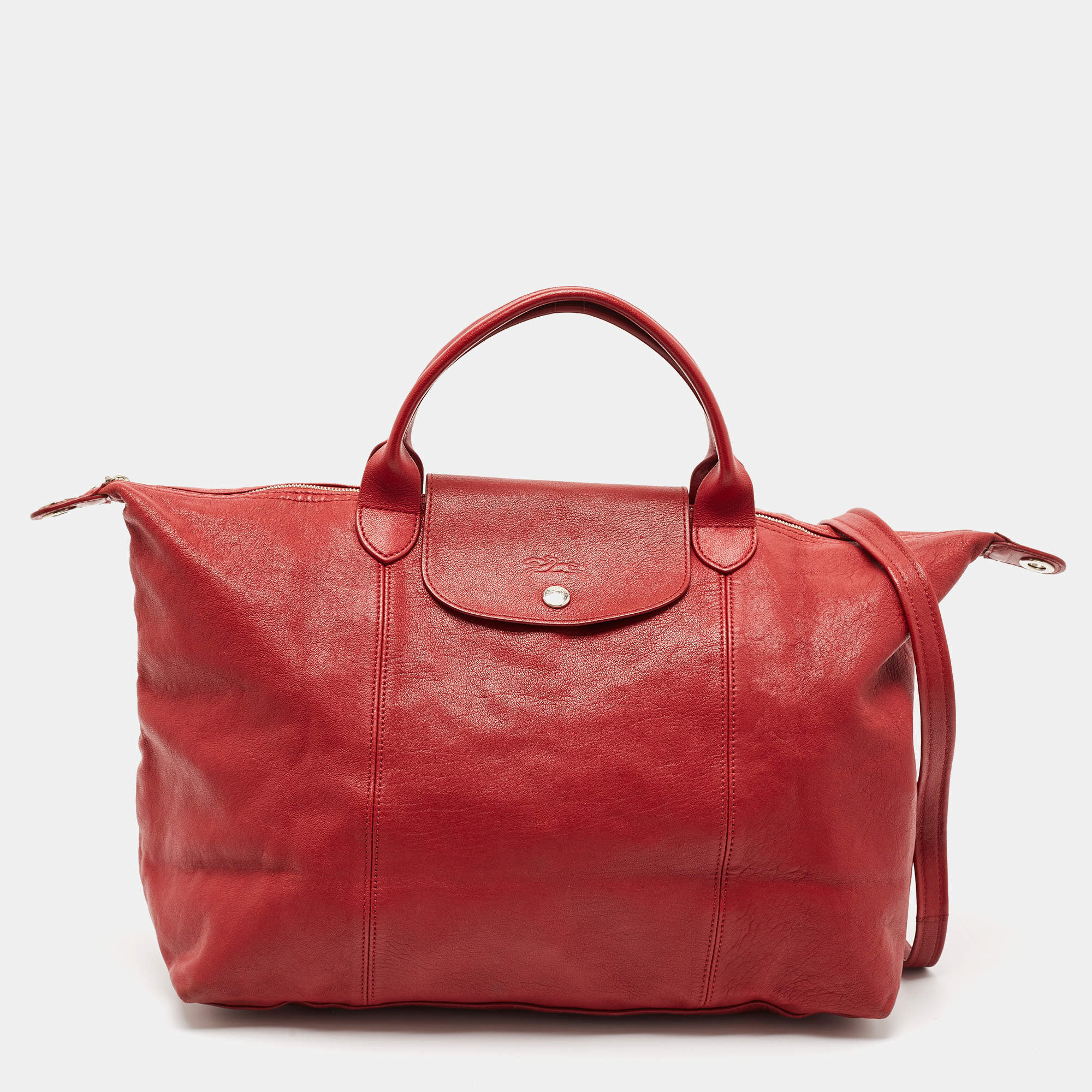Pre Owned Longchamp Red Leather Le Pliage Cuir Tote
