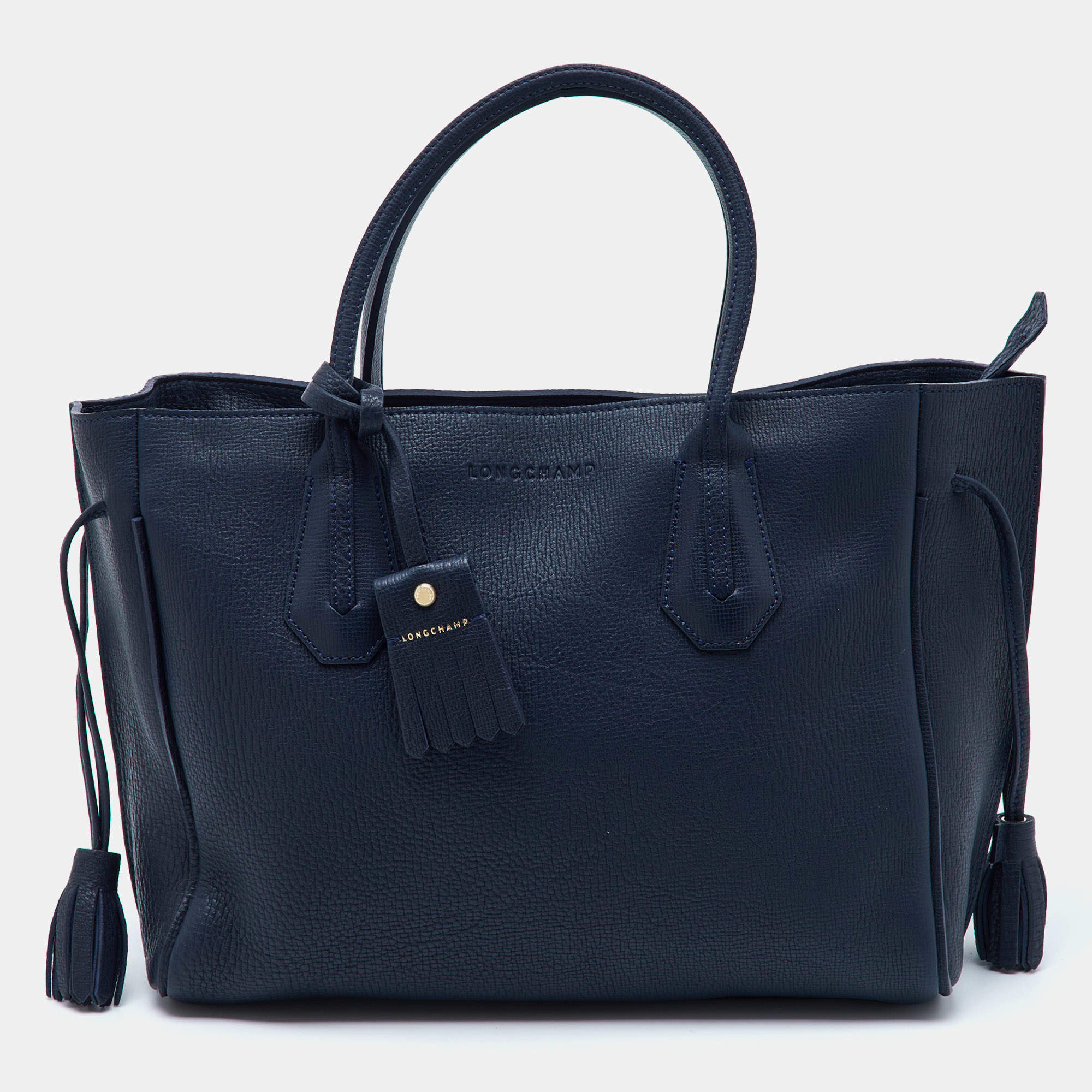 Pre Owned Longchamp Navy Blue Leather Tassel Detail Zip Tote