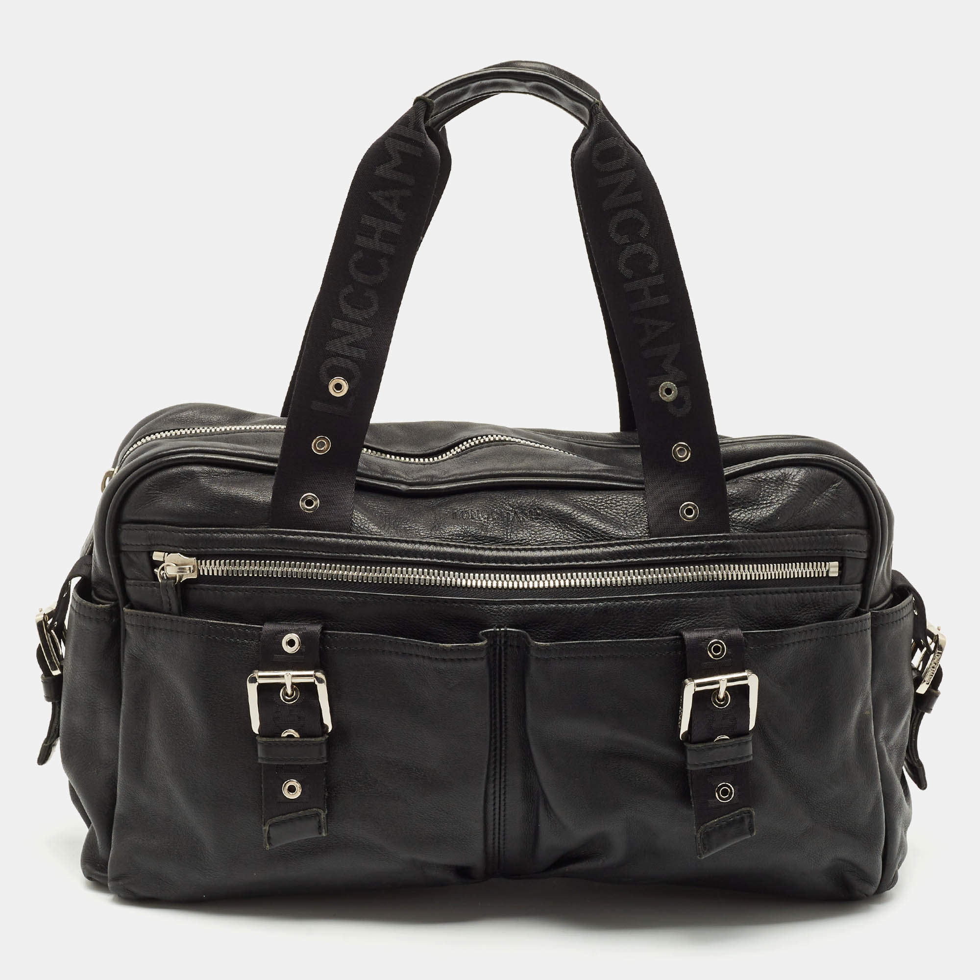 Longchamp Black Leather Multiple Pocket Satchel