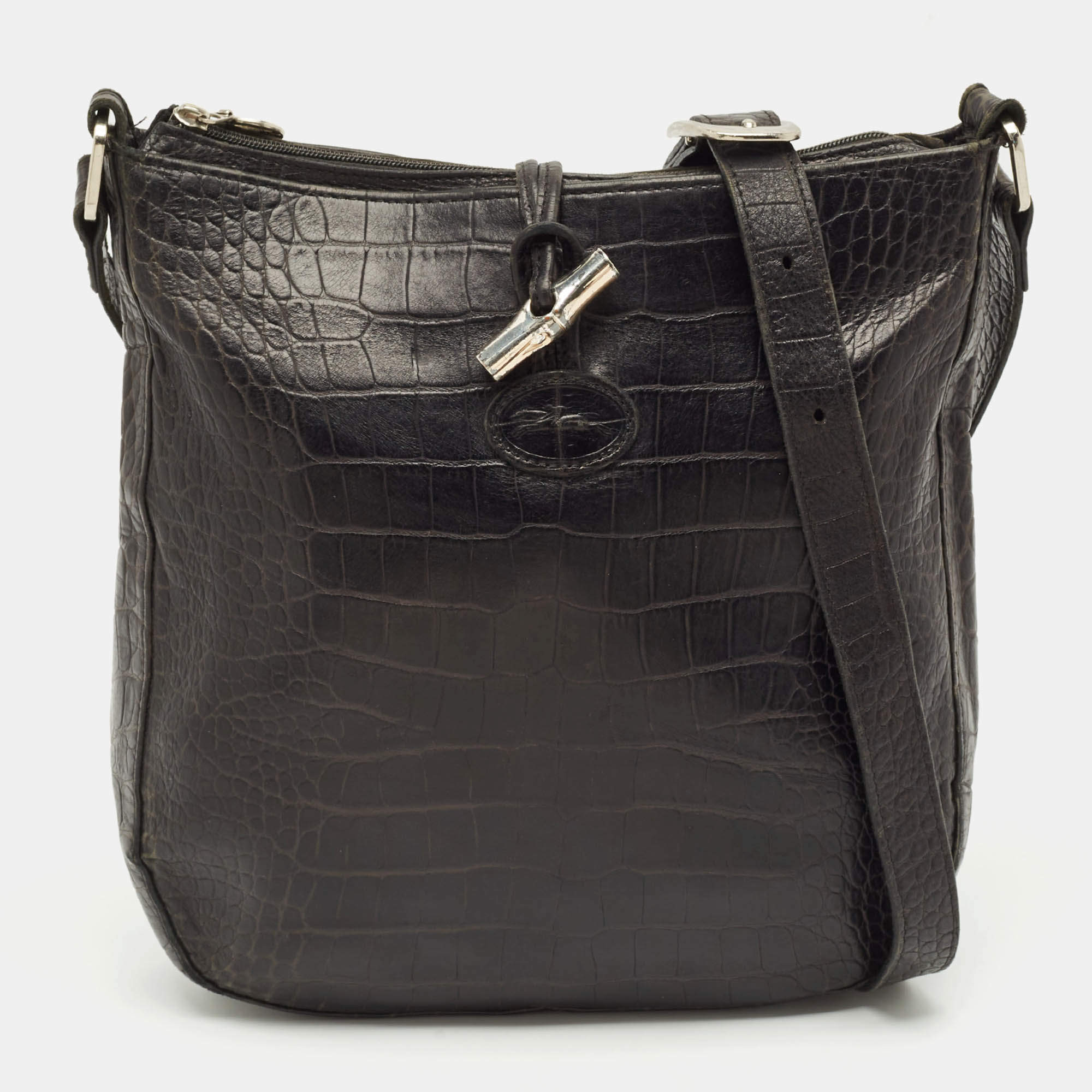 Longchamp Black Croc Embossed Leather Le Roseau Messenger Bag