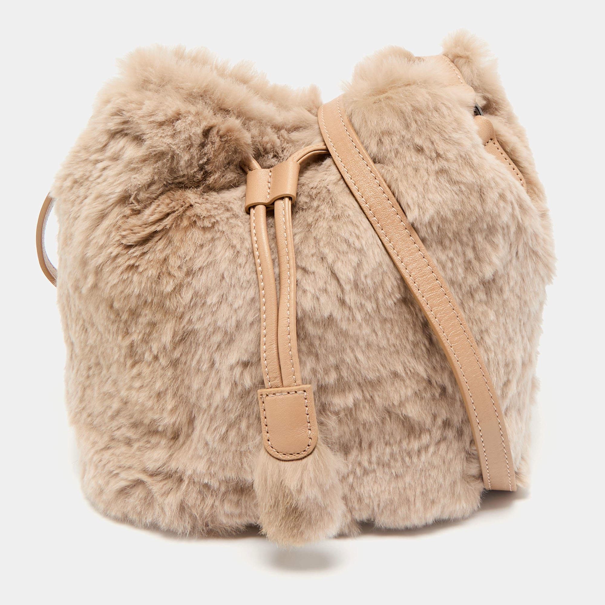 Longchamp Beige Faux Fur and Leather Give Me A Hug Bucket Bag