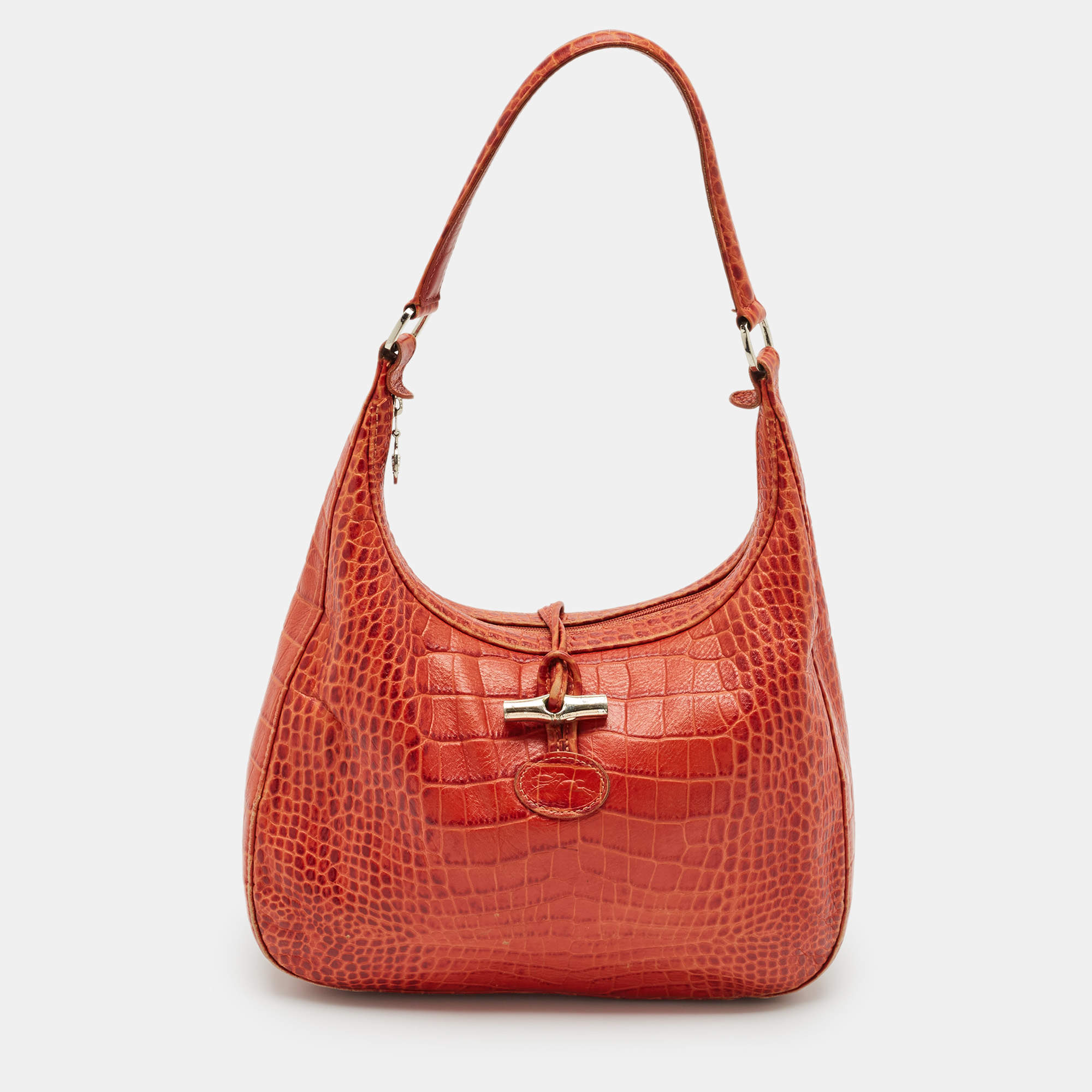 Pre Owned Longchamp Burnt Orange Croc Embossed Leather Roseau Shoulder Bag