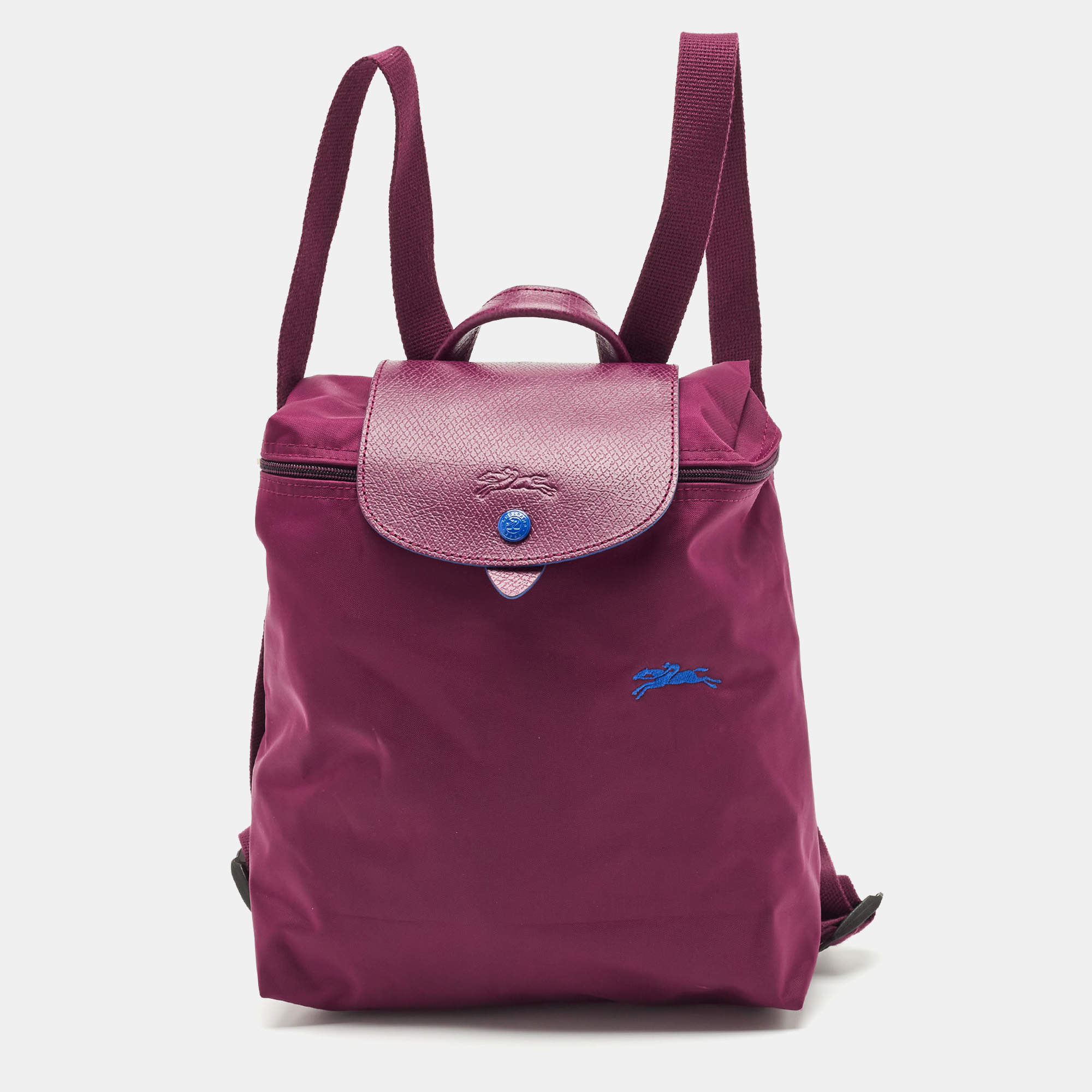 Longchamp Purple Leather and Nylon Flap Backpack