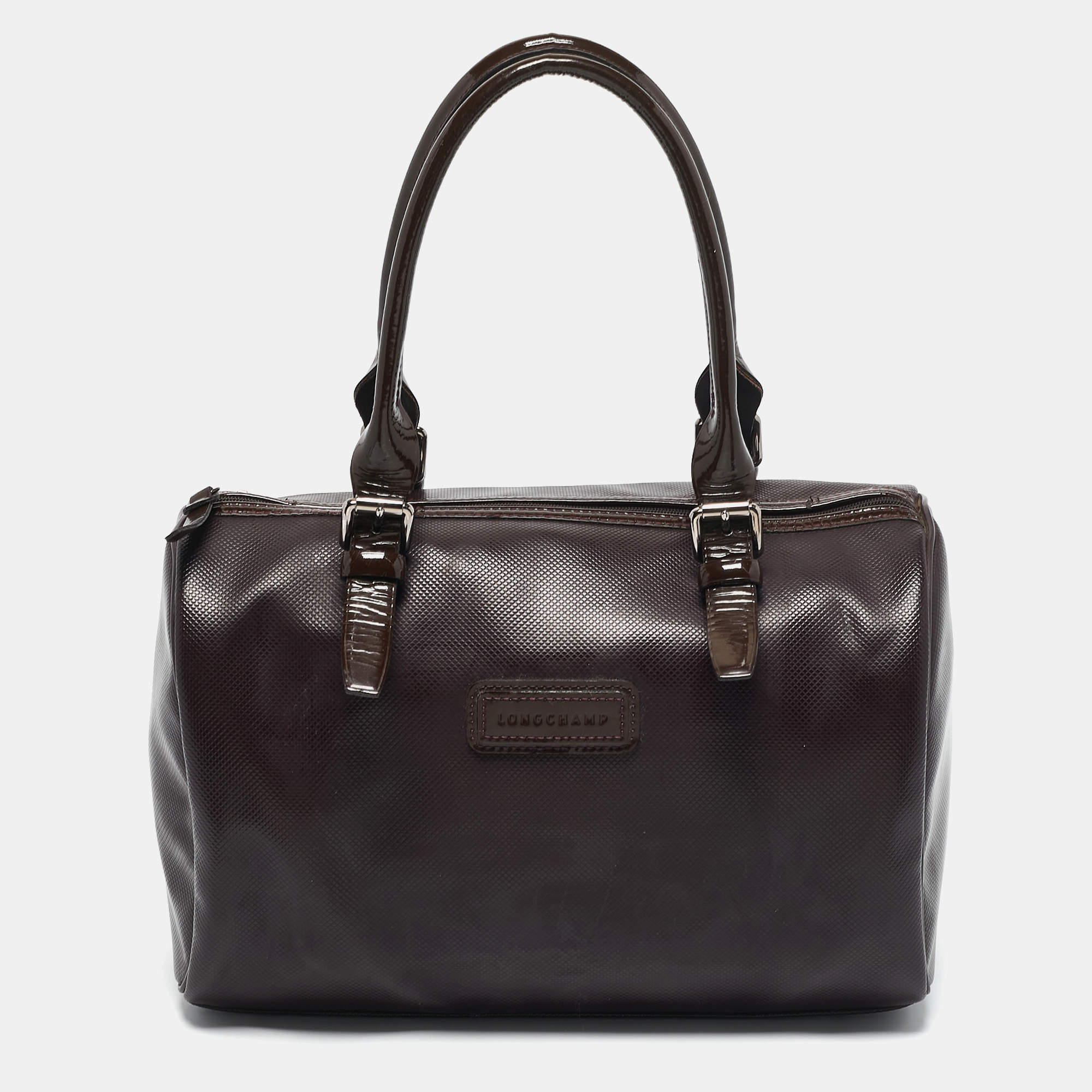 Longchamp Purple Coated Canvas and Patent Leather Derby Satchel