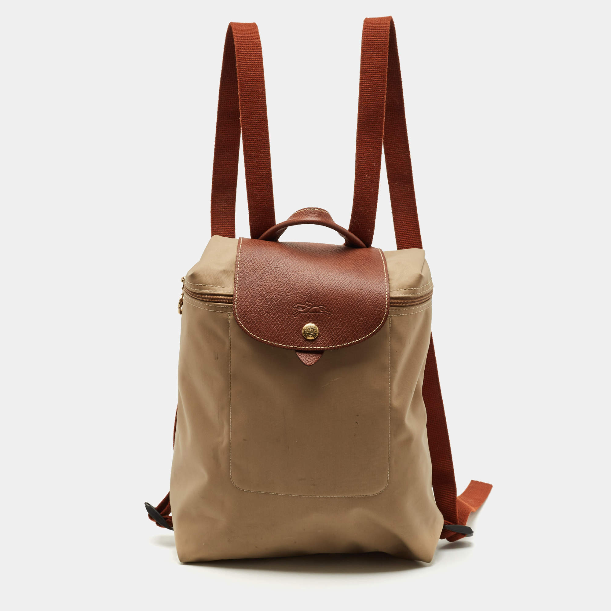 Longchamp Beige/Brown Nylon and Leather Le Pliage Backpack