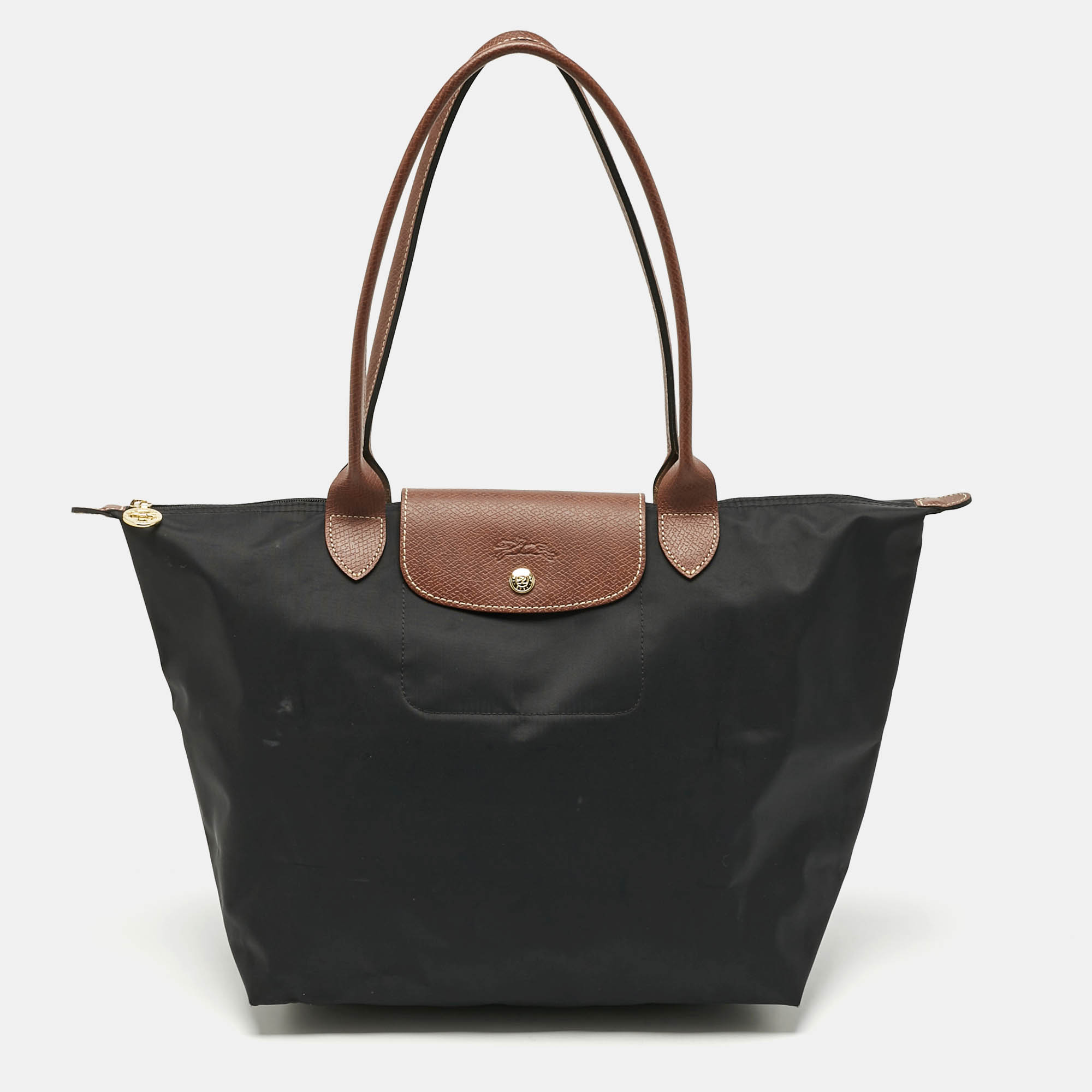 Longchamp Black/Brown Nylon Large Le Pliage Tote