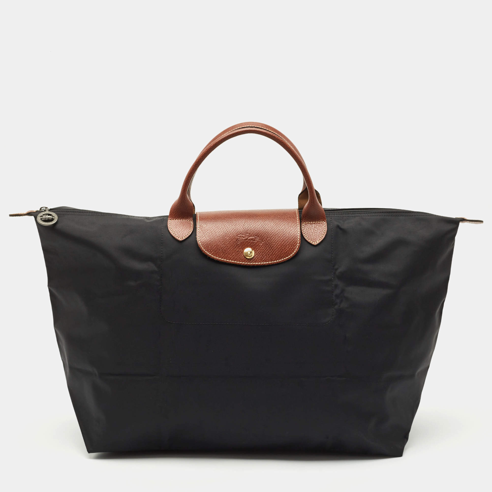Longchamp Black/Brown Nylon and Leather Large Le Pliage Travel Bag