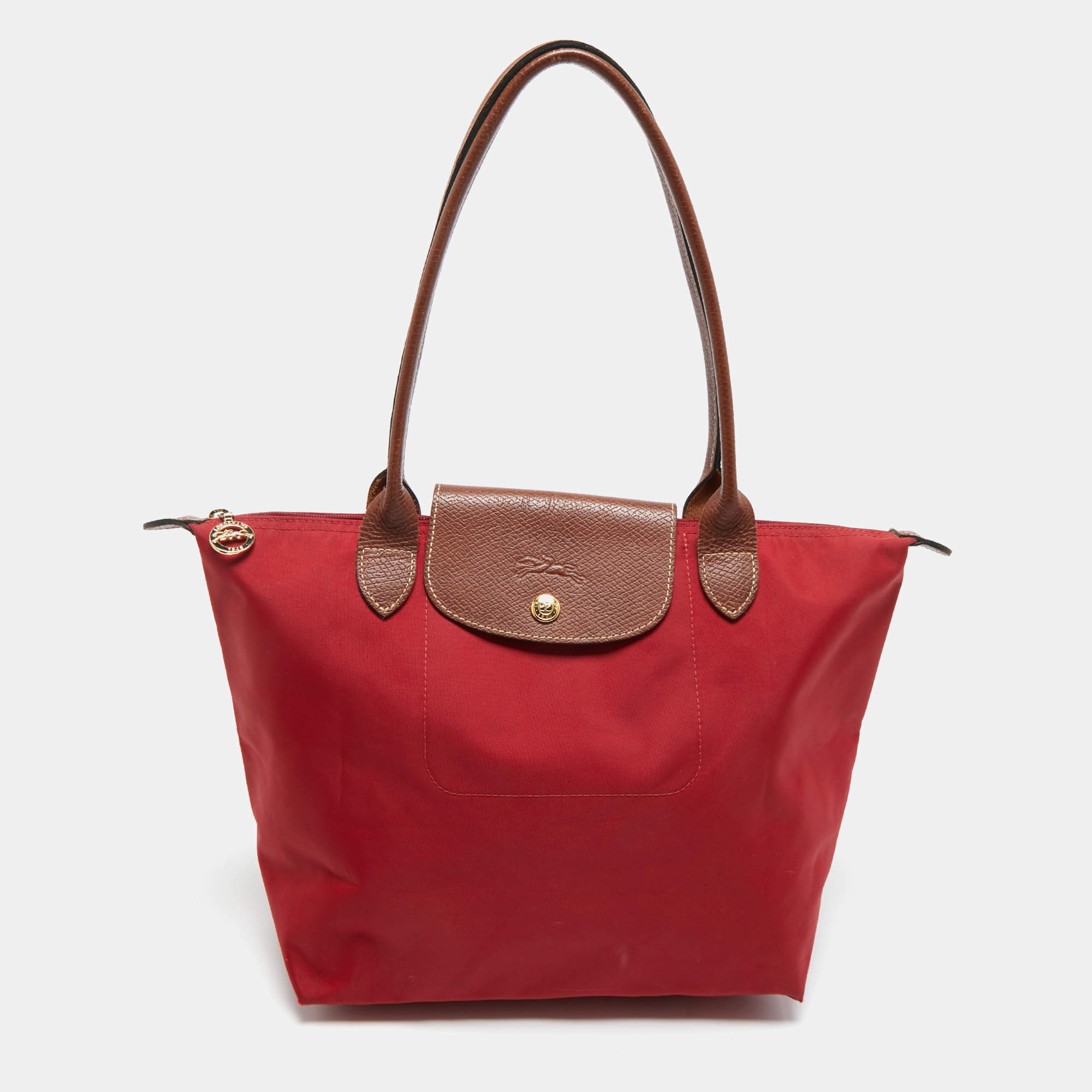 Pre Owned Longchamp Red/Brown Nylon Small Le Pliage Tote