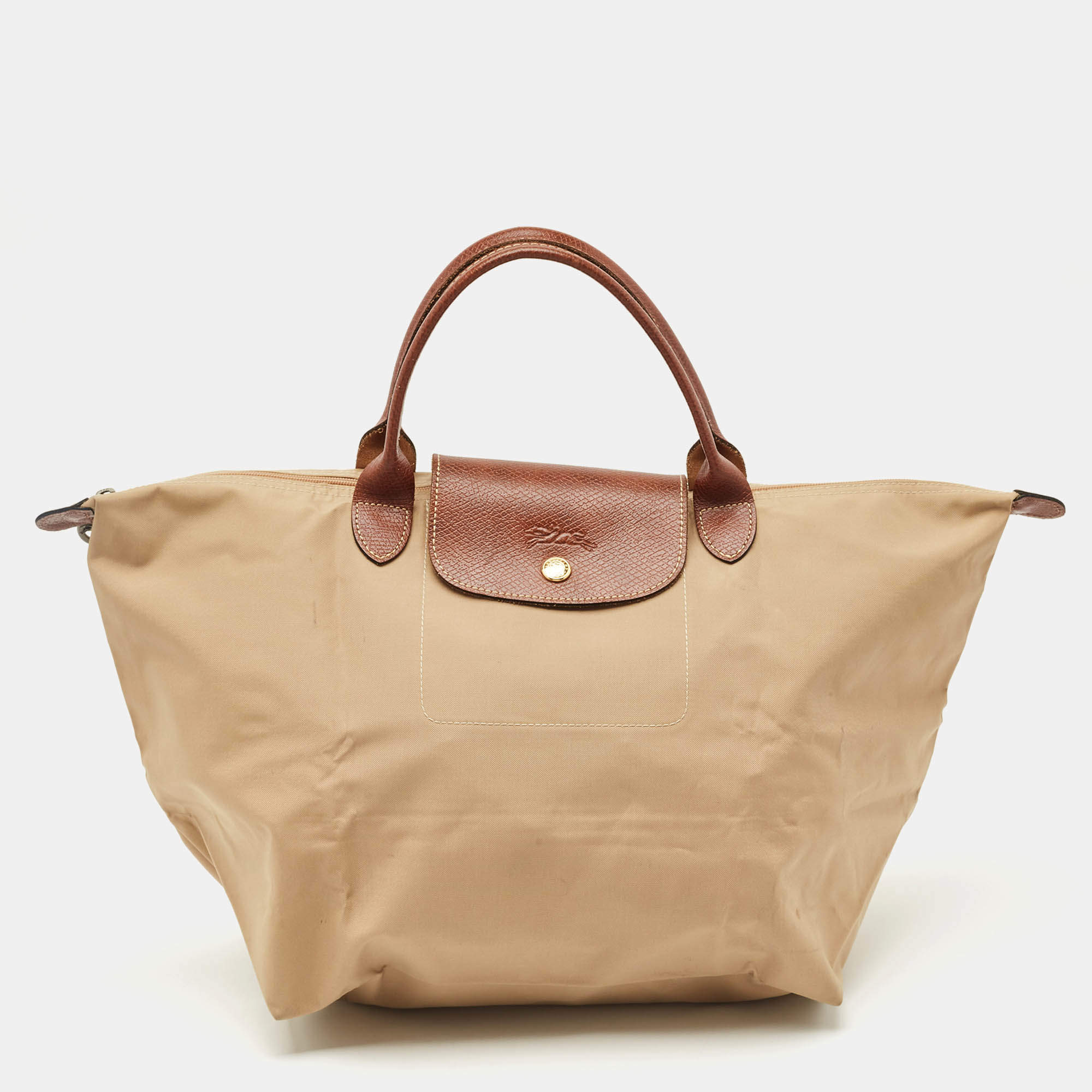 Pre Owned Longchamp Beige/Brown Nylon Le Pliage M Tote