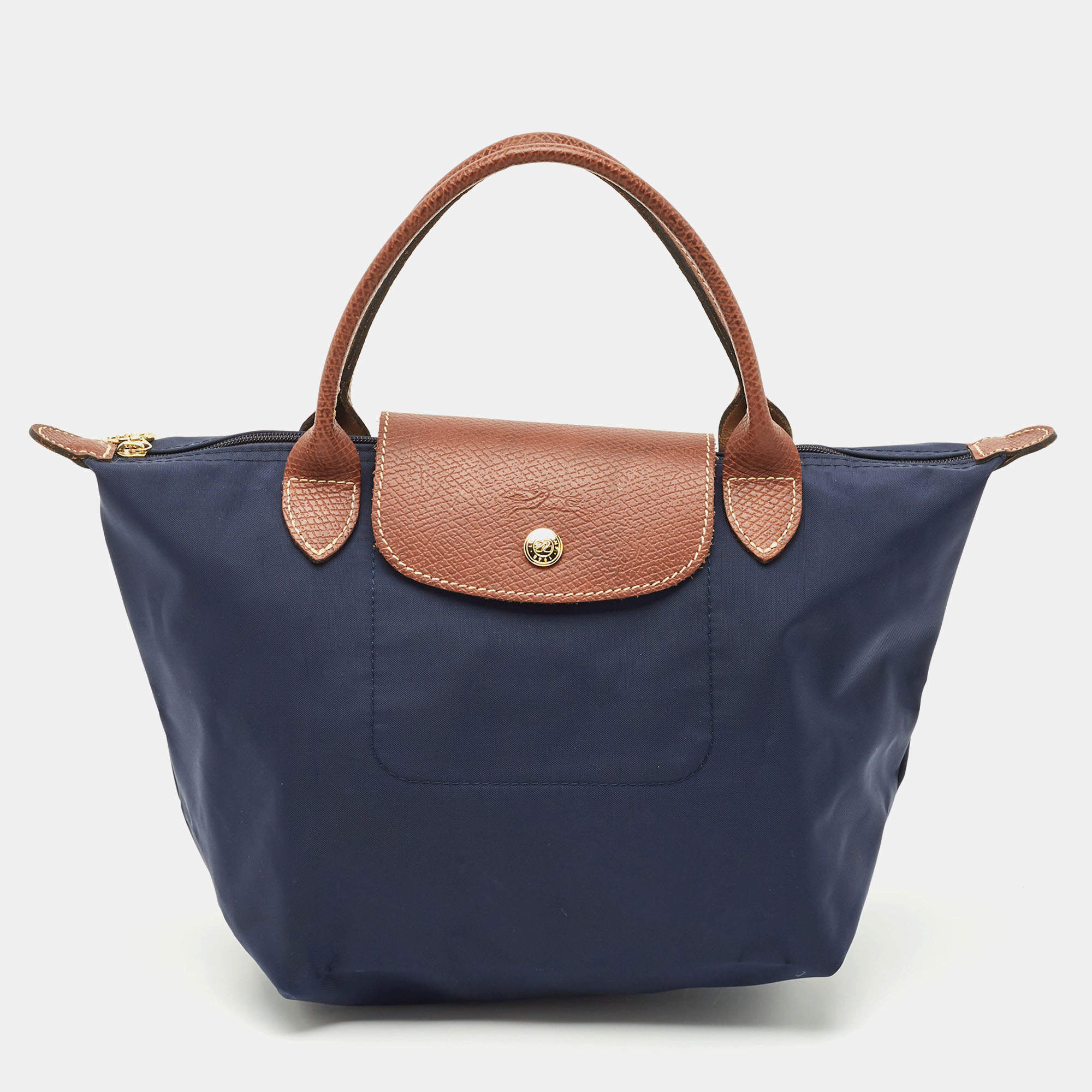 Pre Owned Longchamp Navy Blue/Brown Nylon and Leather Small Short Le Pliage Tote
