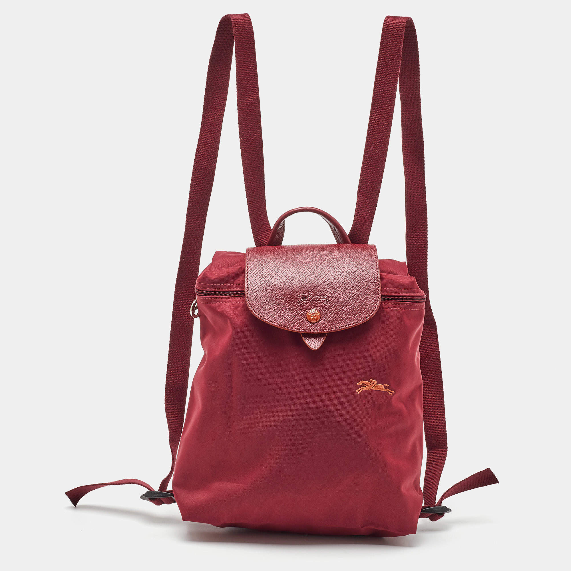 Pre Owned Longchamp Red Nylon and Leather Le Pliage Backpack