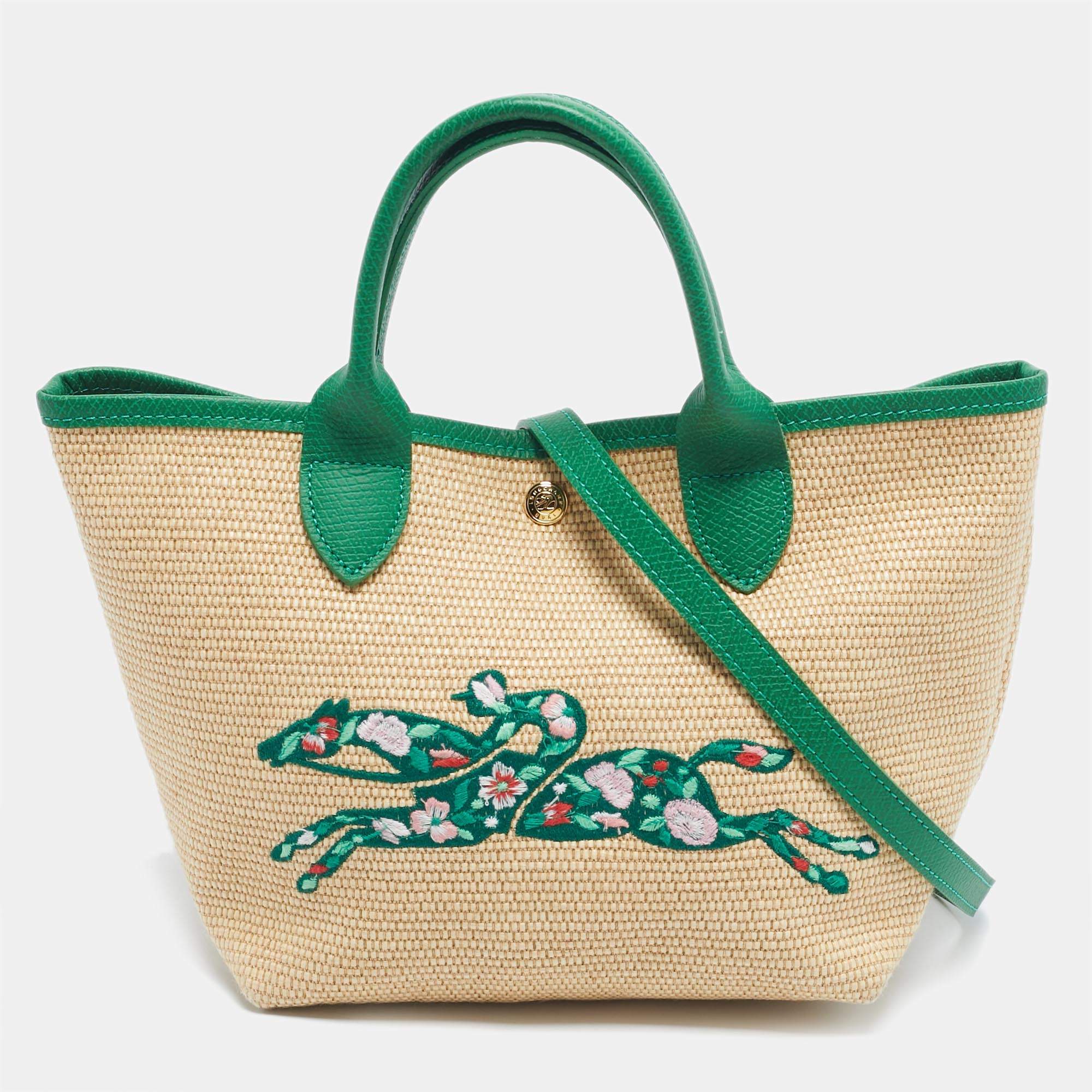 Pre Owned Longchamp Green/Natural Raffia Small Le Panier Pliage Basket Bag