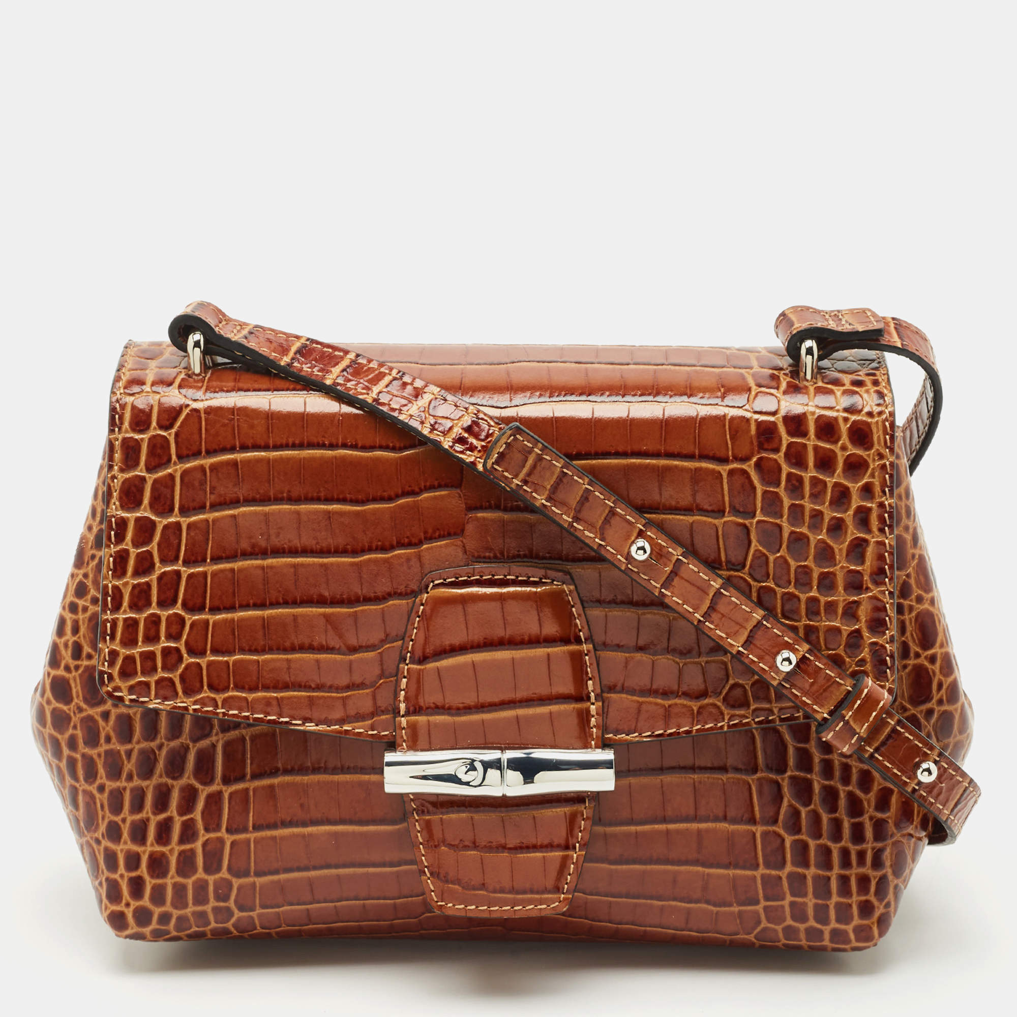 Pre Owned Longchamp Brown Croc Embossed Leather Roseau Crossbody Bag