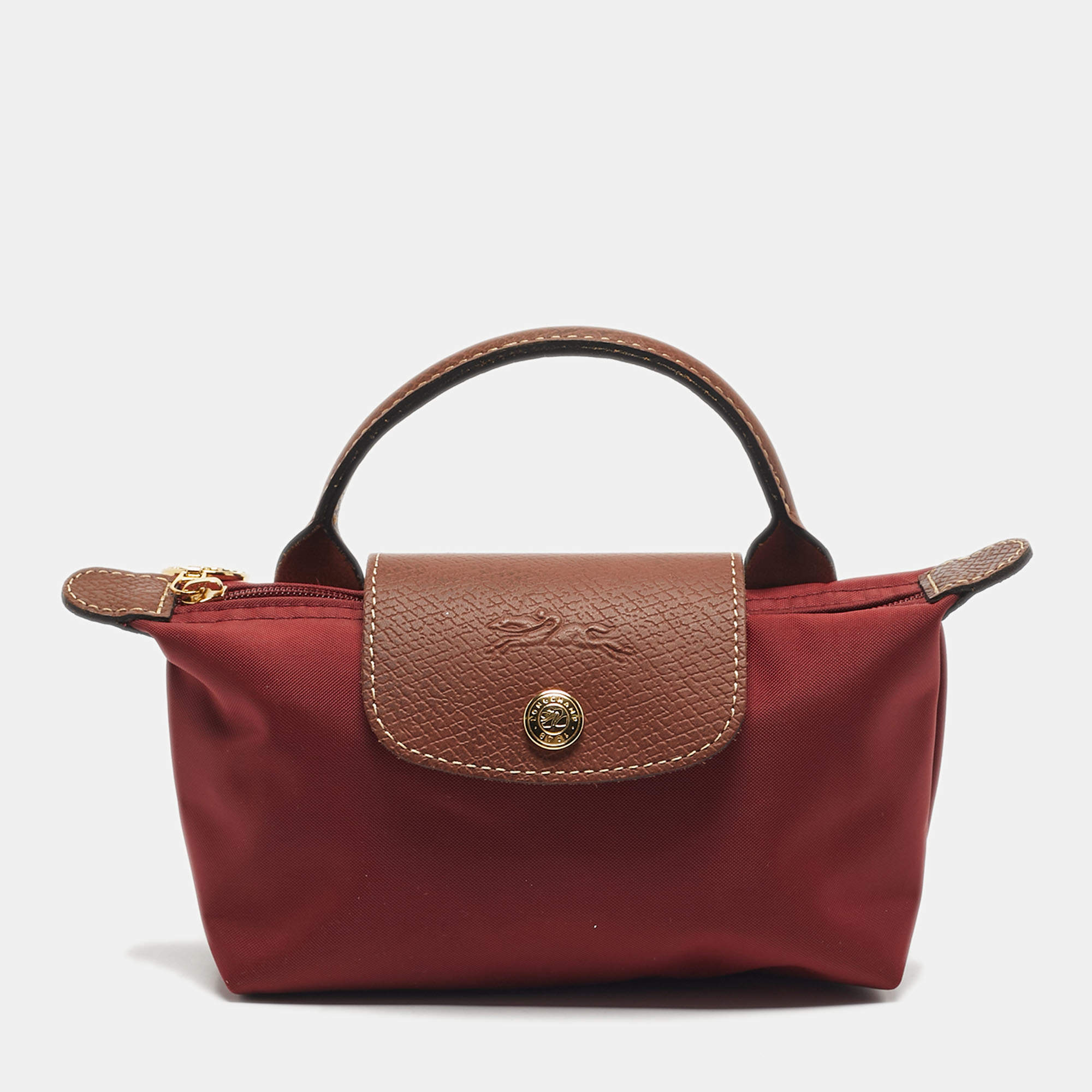Pre Owned Longchamp Red Nylon Le Pliage Handle Pouch