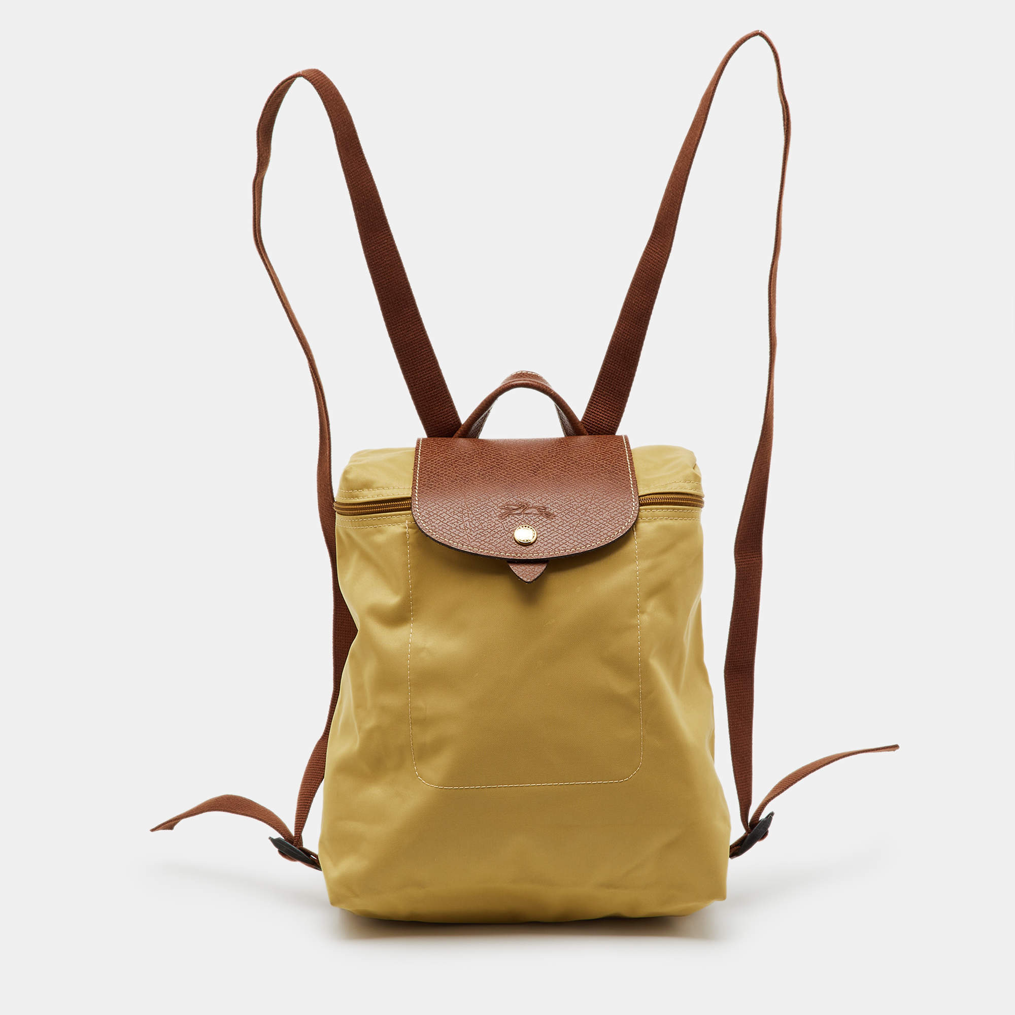 Pre Owned Longchamp Beige/Brown Nylon and Leather Le Pliage Backpack