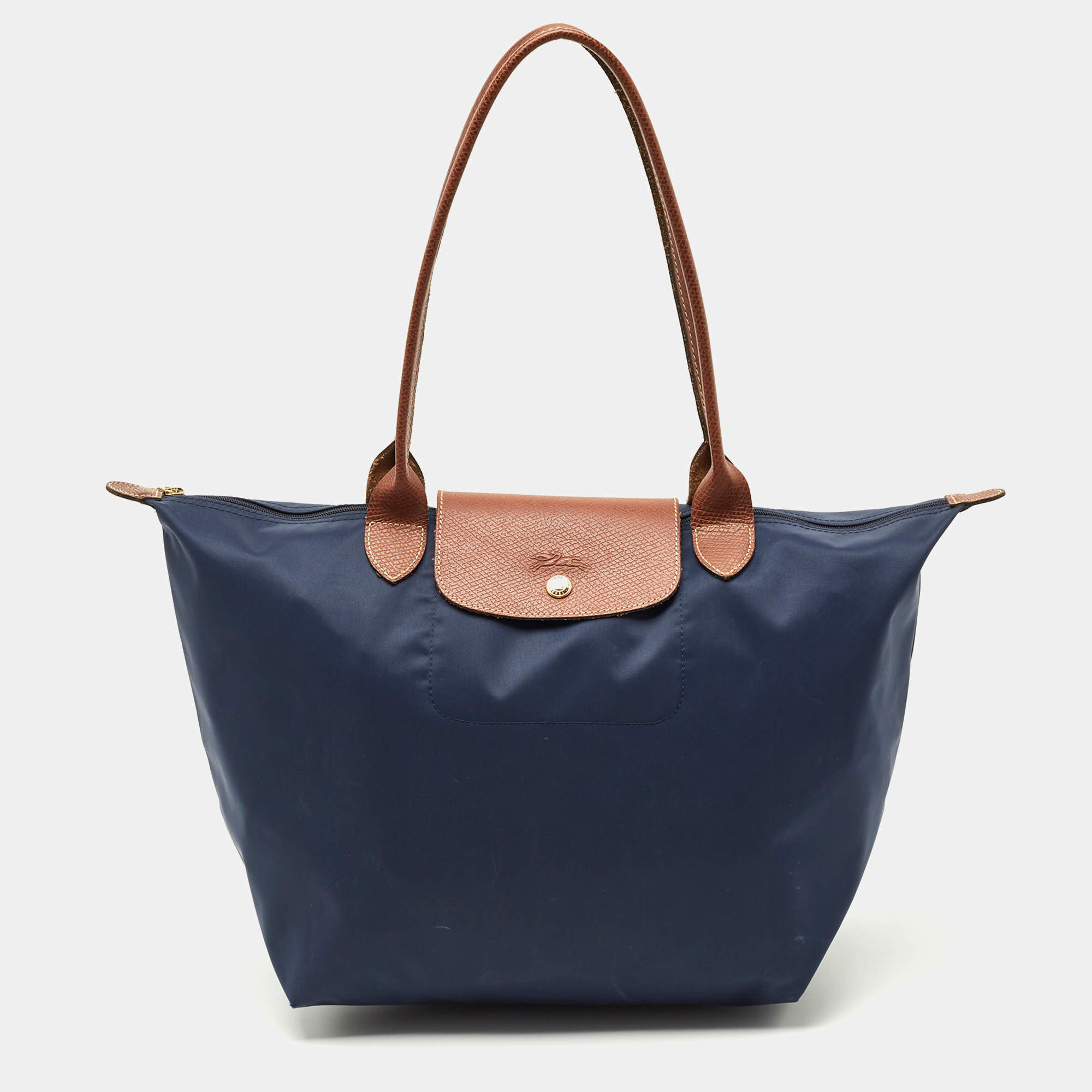 Pre Owned Longchamp Navy Blue/Brown Nylon Large Le Pliage Tote
