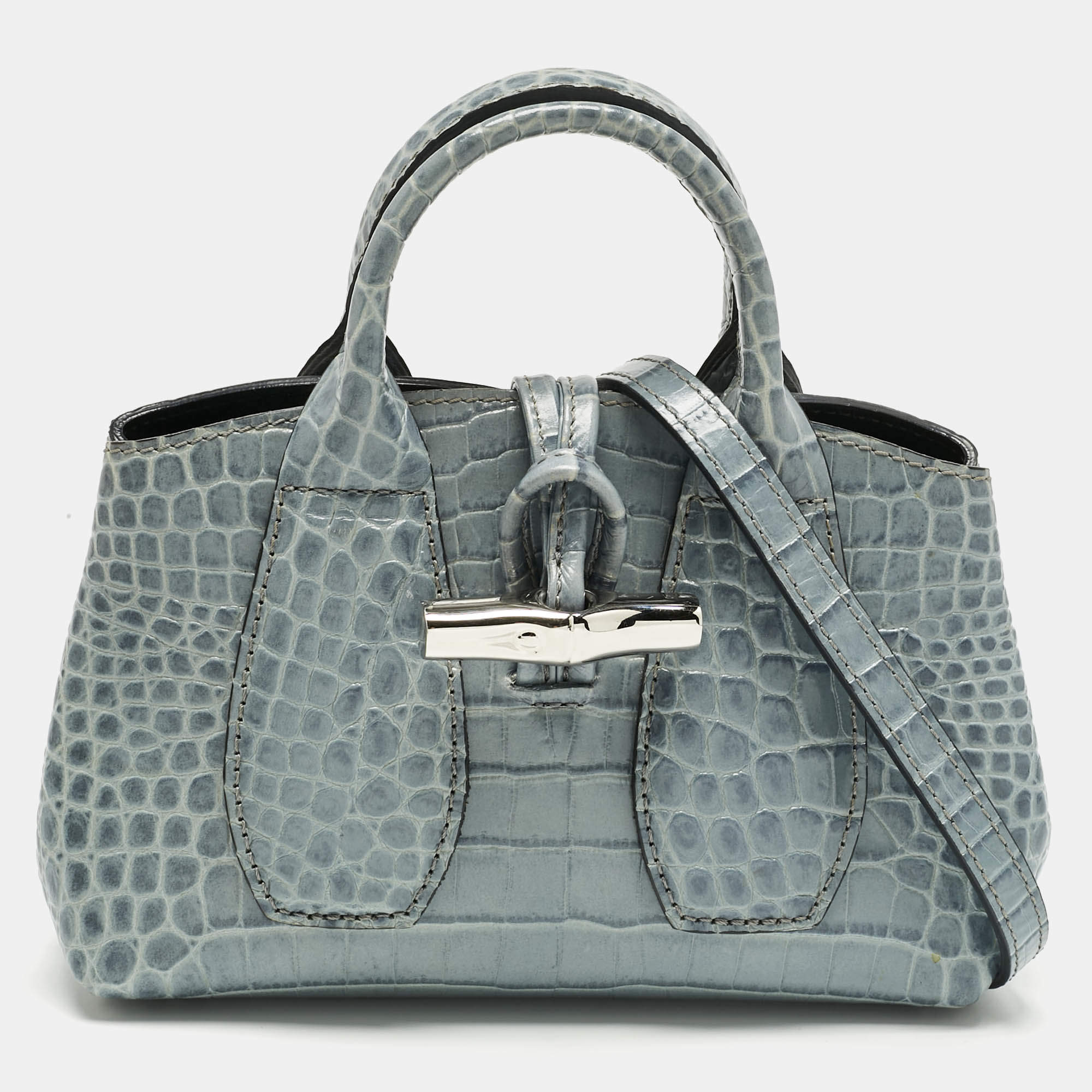Pre Owned Longchamp Blue Croc Embossed Leather Roseau Crossbody Bag