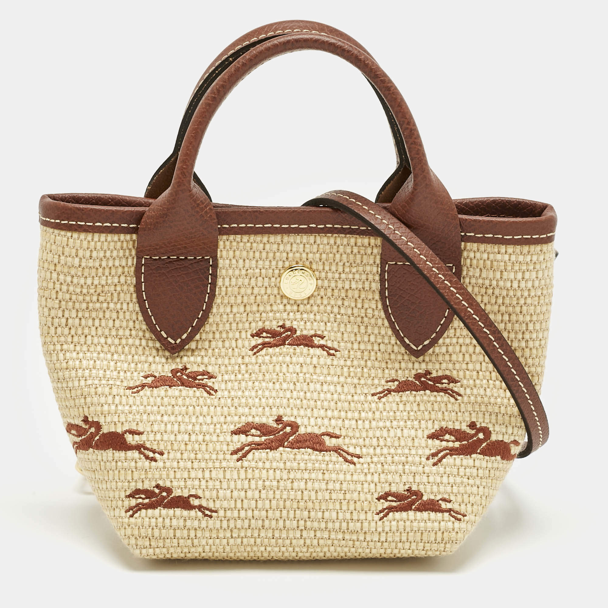 Pre Owned Longchamp Brown/Natural Raffia XS Le Panier Pliage Basket Tote