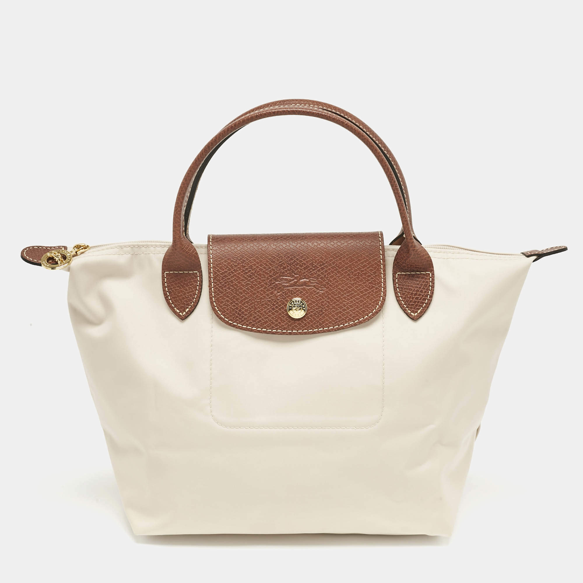 Pre Owned Longchamp Brown/Ivory Nylon Small Short Le Pliage Tote