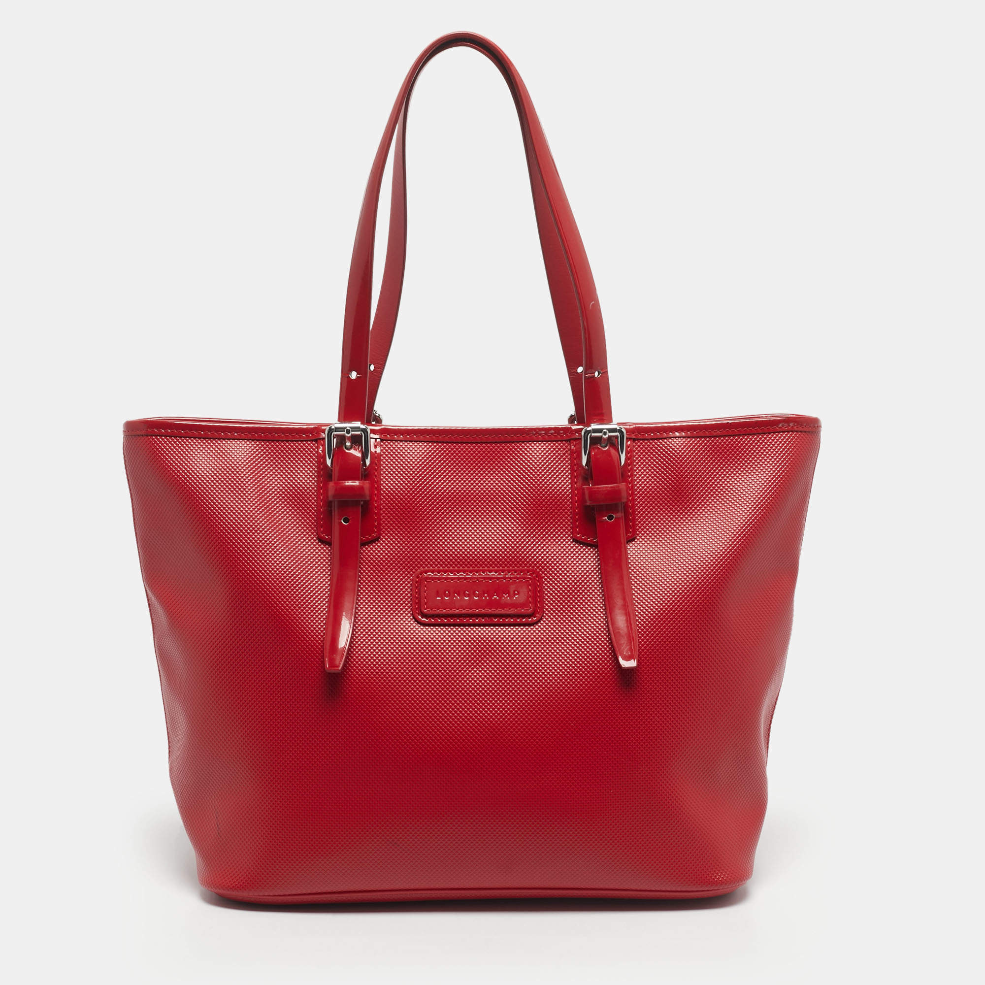 Pre Owned Longchamp Red Coated Canvas and Patent Leather Derby Verni Shopper Tote