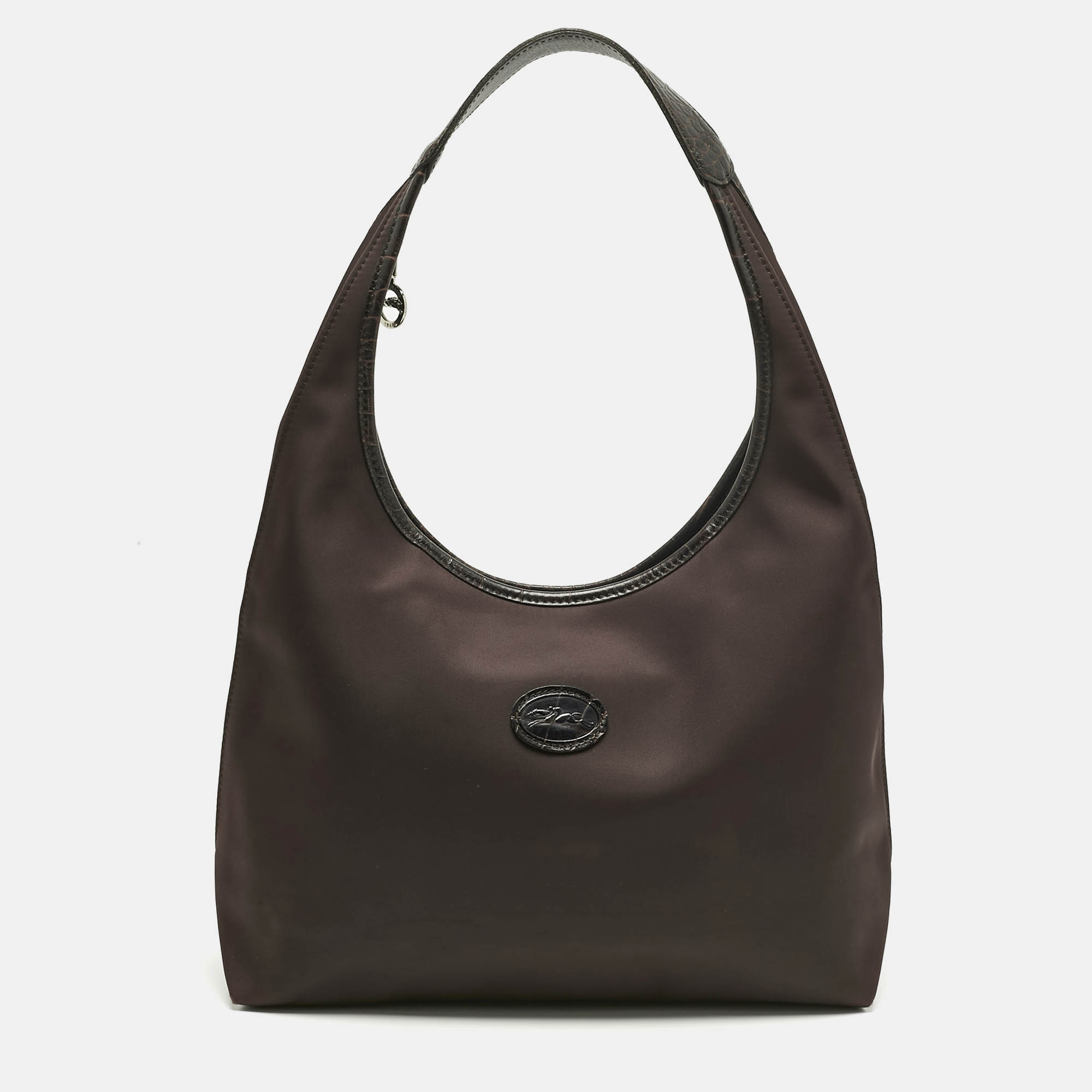 Pre Owned Longchamp Cacao Brown Nylon and Croc Embossed Leather Shoulder Bag