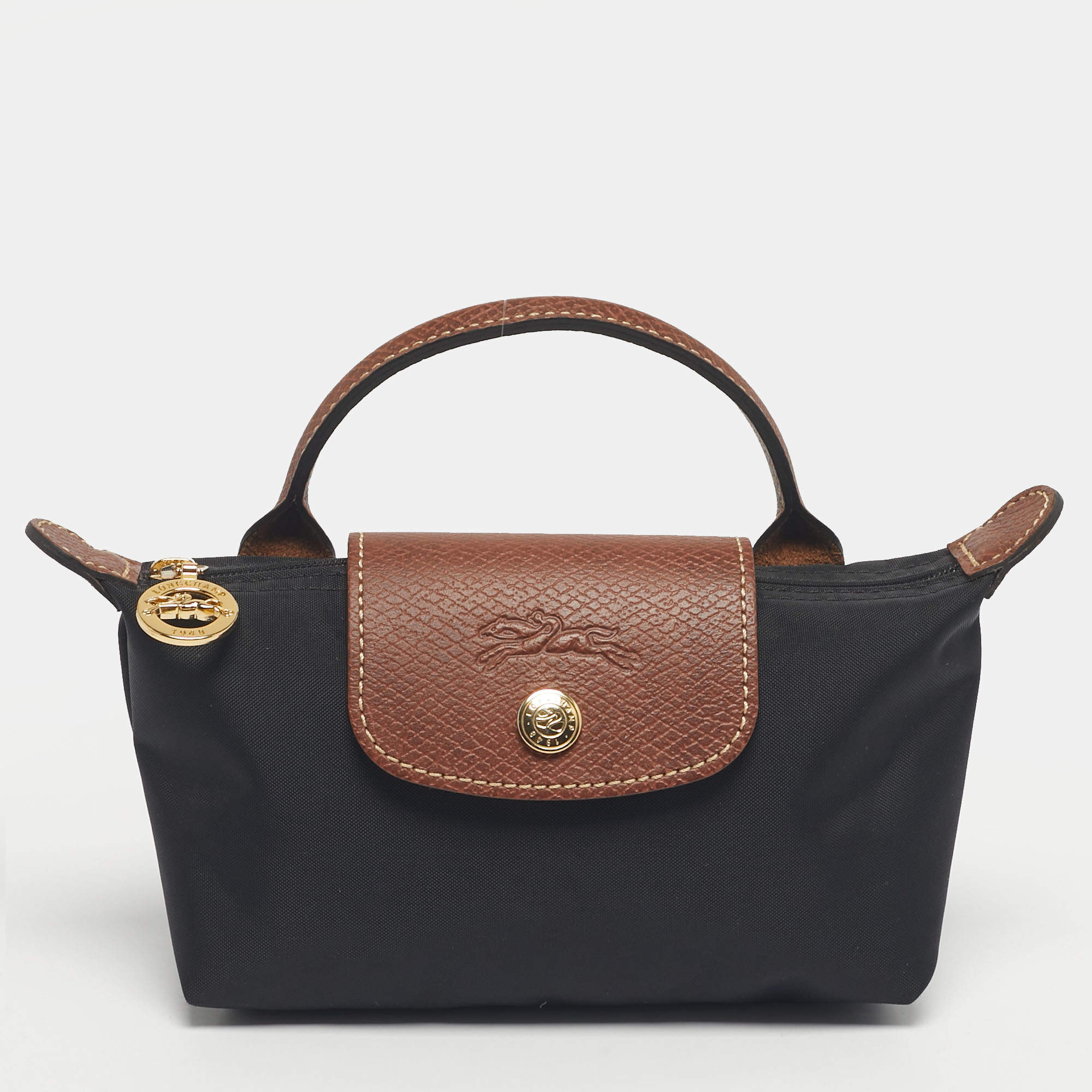 Pre Owned Longchamp Black/Brown Leather and Nylon Le Pliage Pouch