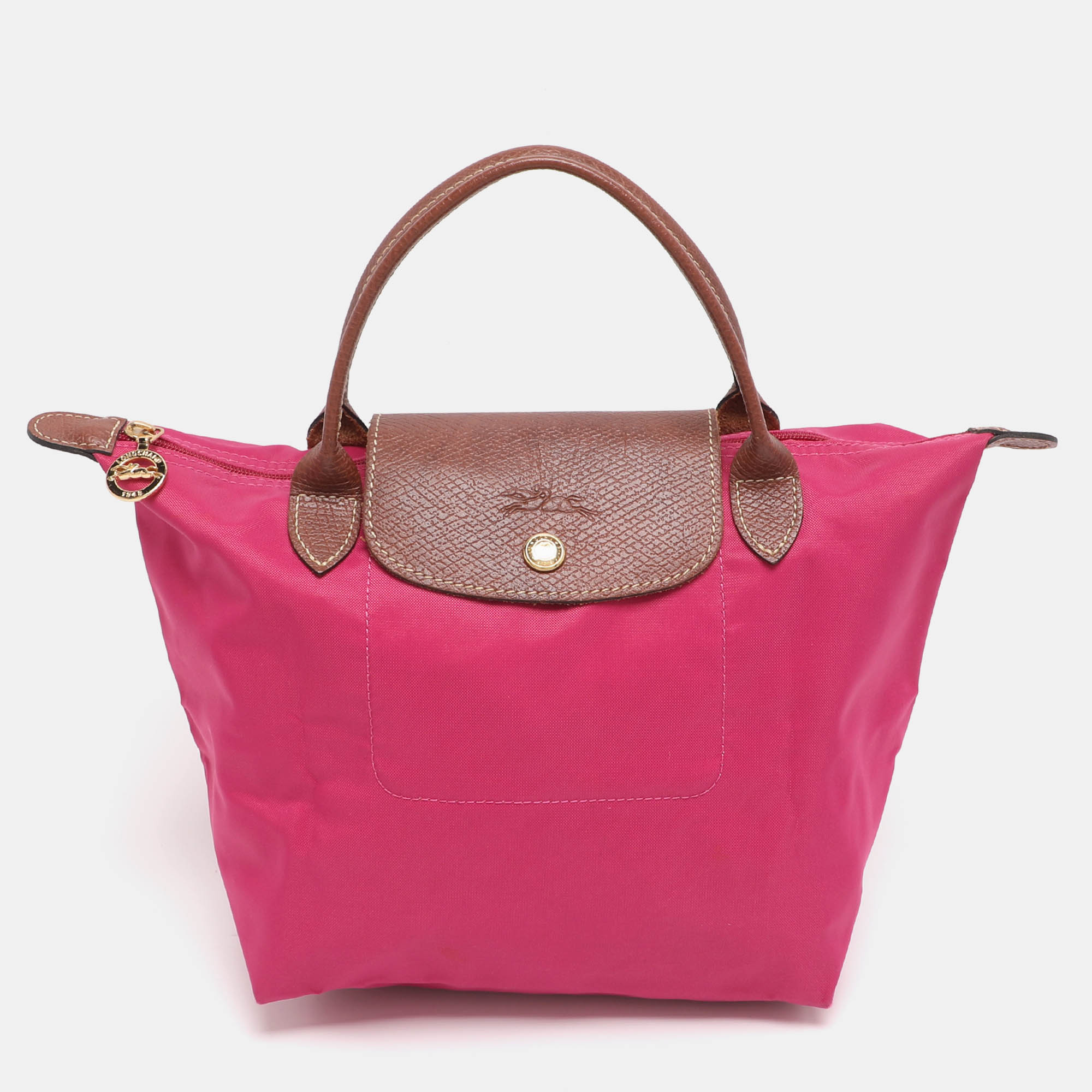 Pre Owned Longchamp Pink/Brown Nylon and Leather Small Short Le Pliage Tote