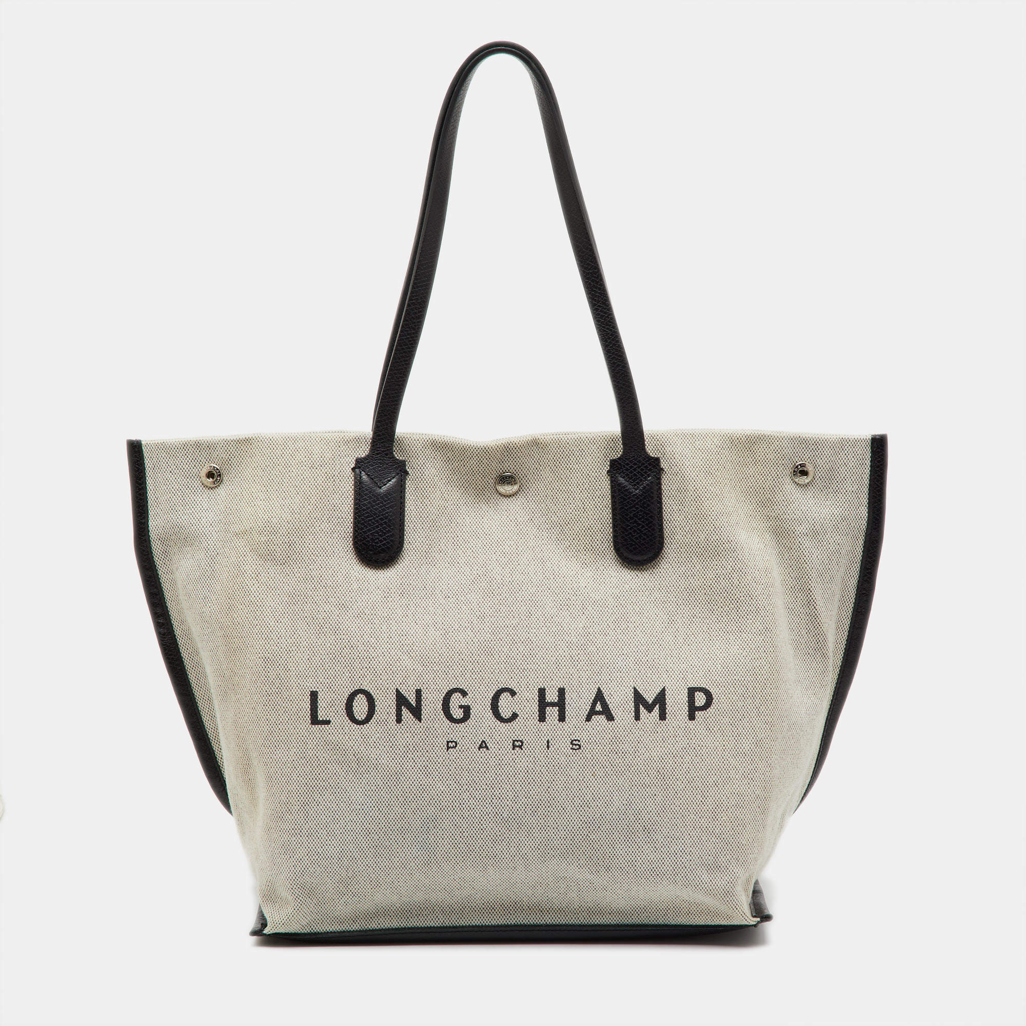 Pre Owned Longchamp White/Black Canvas and Leather Large Essential Tote