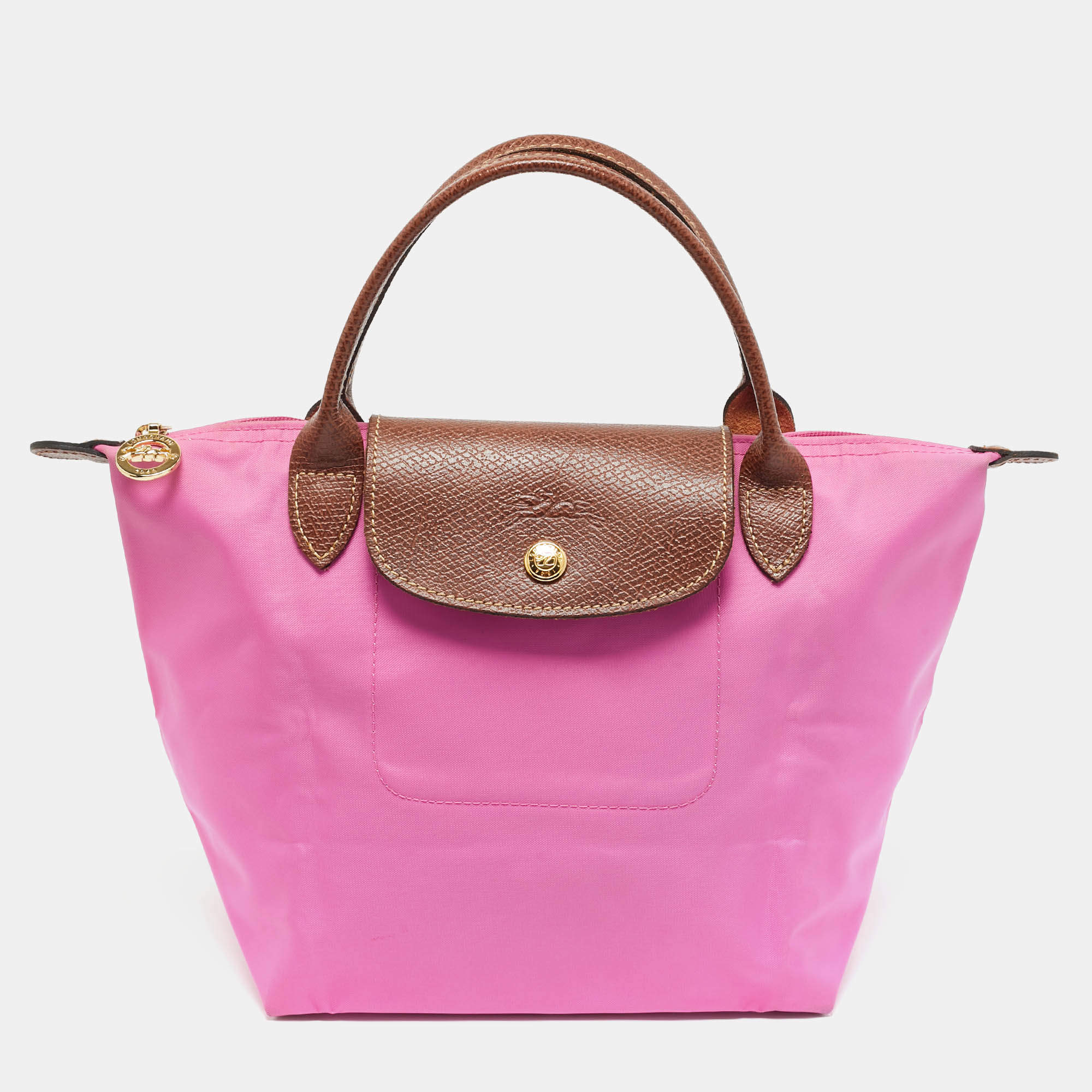 Pre Owned Longchamp Pink/Brown Nylon Mini Le Pliage Tote