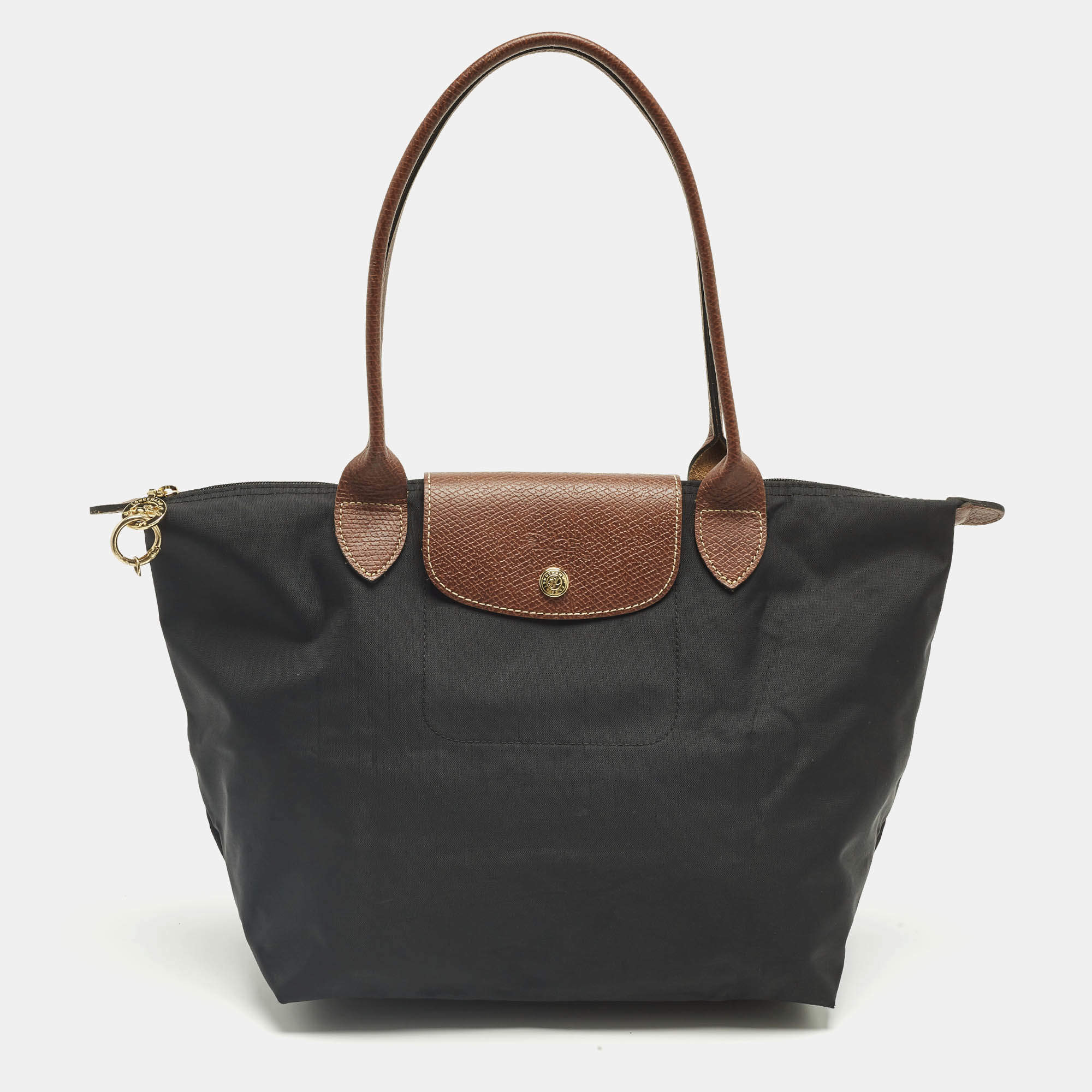 Pre Owned Longchamp Black/Brown Leather and Nylon Le Pliage Tote