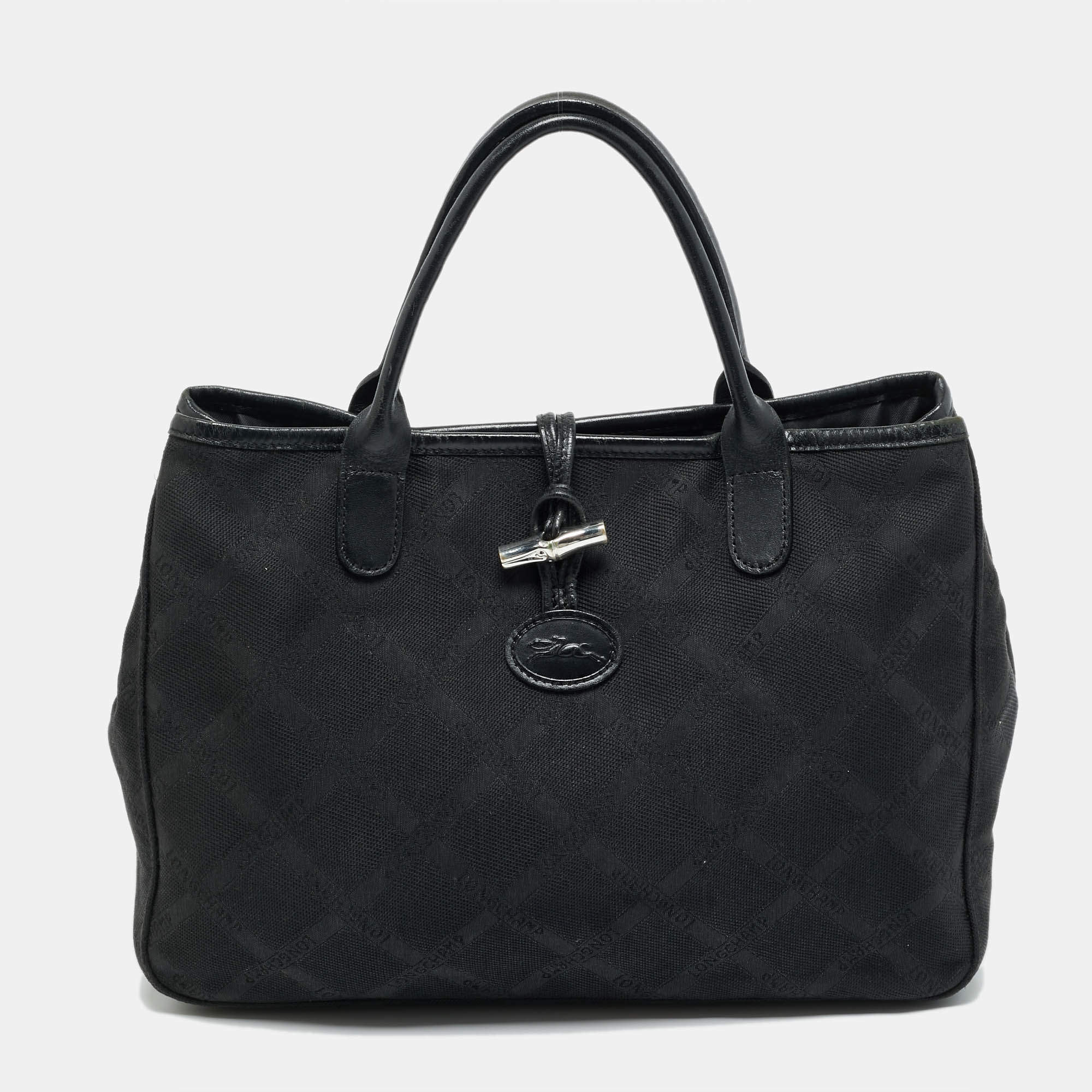 Pre Owned Longchamp Roseau Black Jacquard Canvas Tote